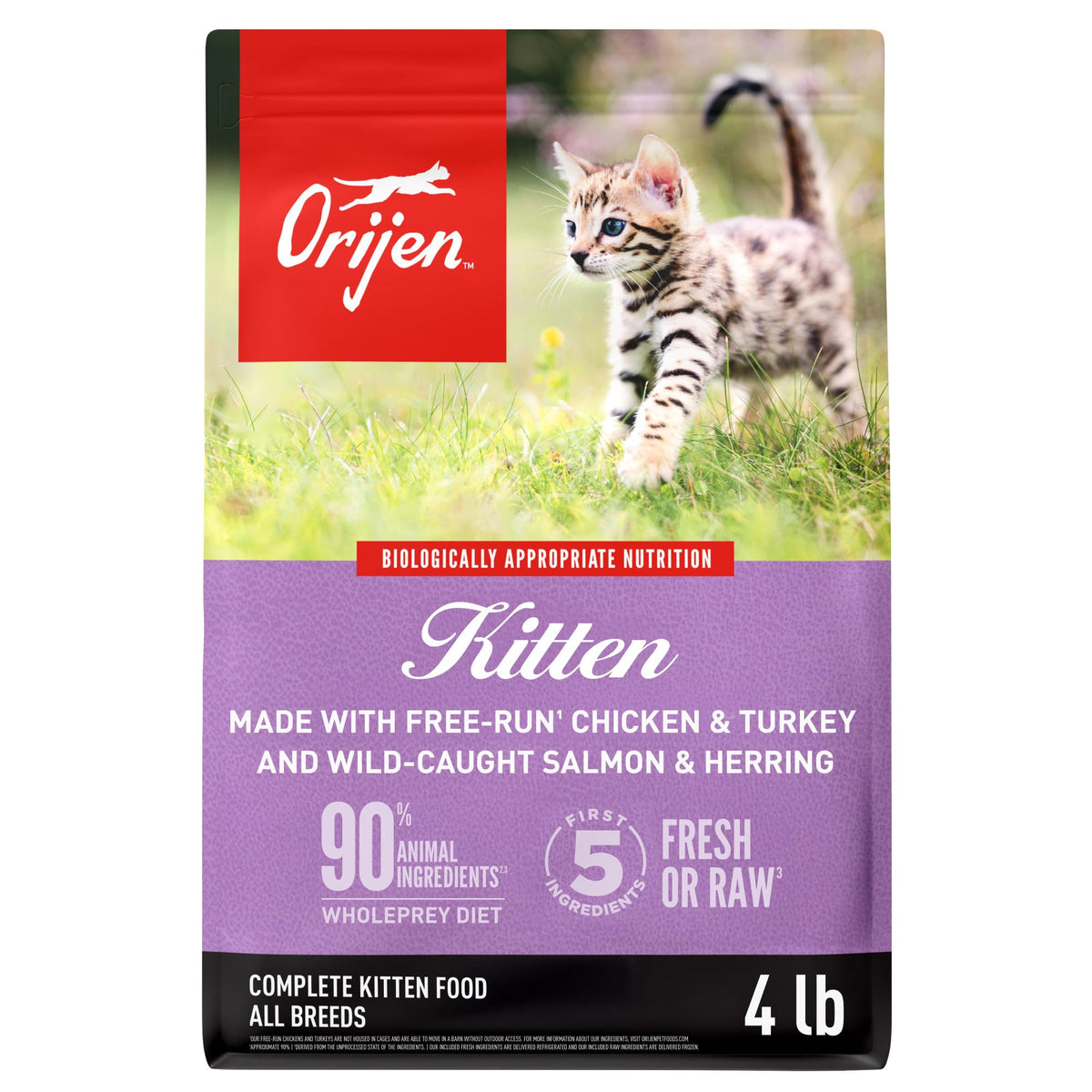 ORIJEN bolsa frontal 4 lb mostrando diseño y beneficios proteicos