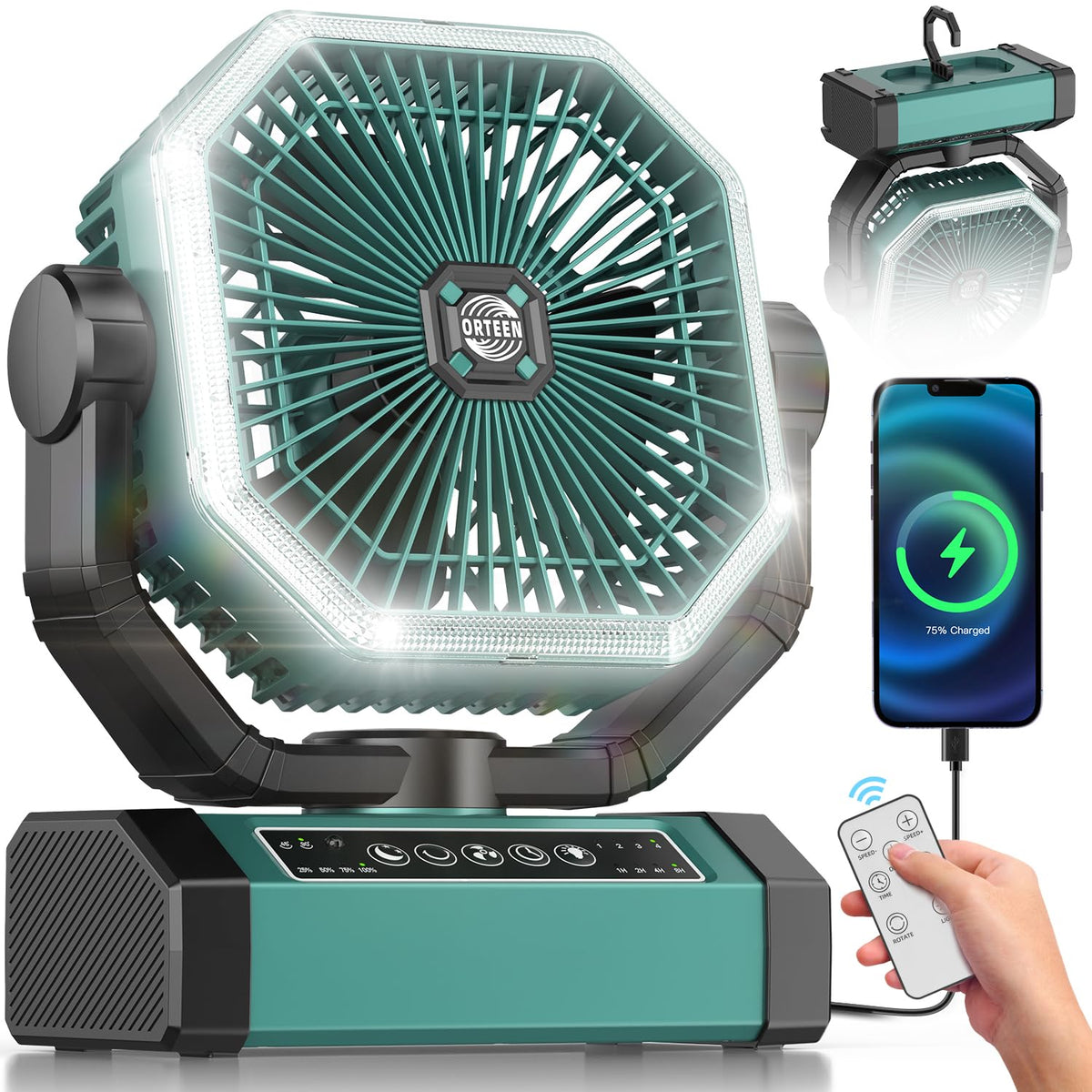 Orteen ventilador frontal mostrando diseño compacto y portabilidad