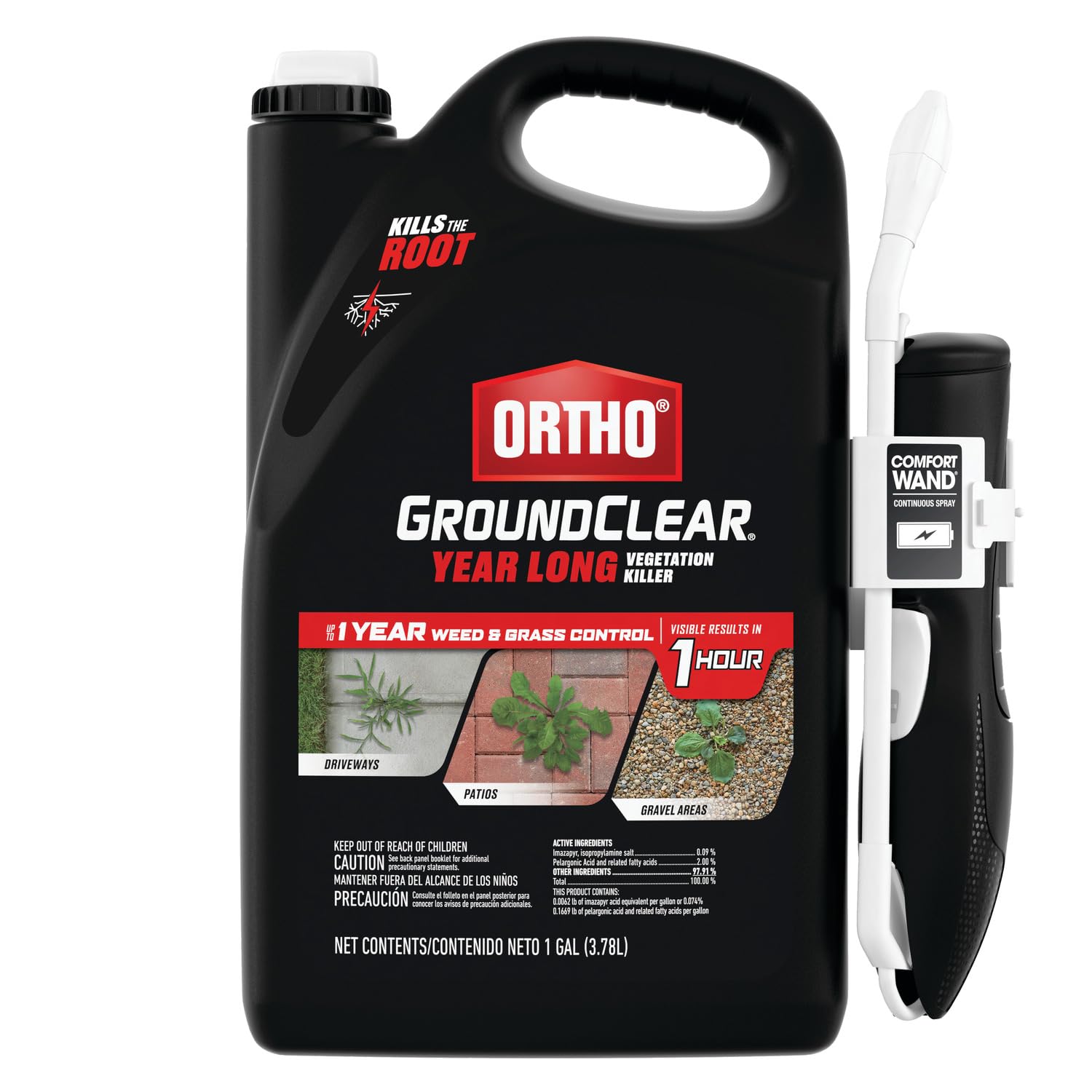 Ortho frontal del envase de 1 galón mostrando el producto y beneficio de control duradero