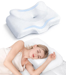 Osteo almohada frontal empaquetada mostrando forma ergonómica y beneficio de soporte