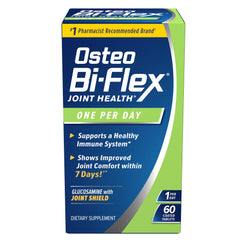 Osteo Bi-Flex frente del envase mostrando dosis diaria y beneficios