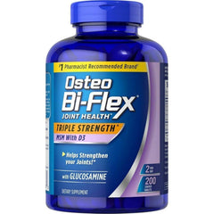 Osteo Bi-Flex frasco frente mostrando etiqueta clara y contenido 200 tabletas