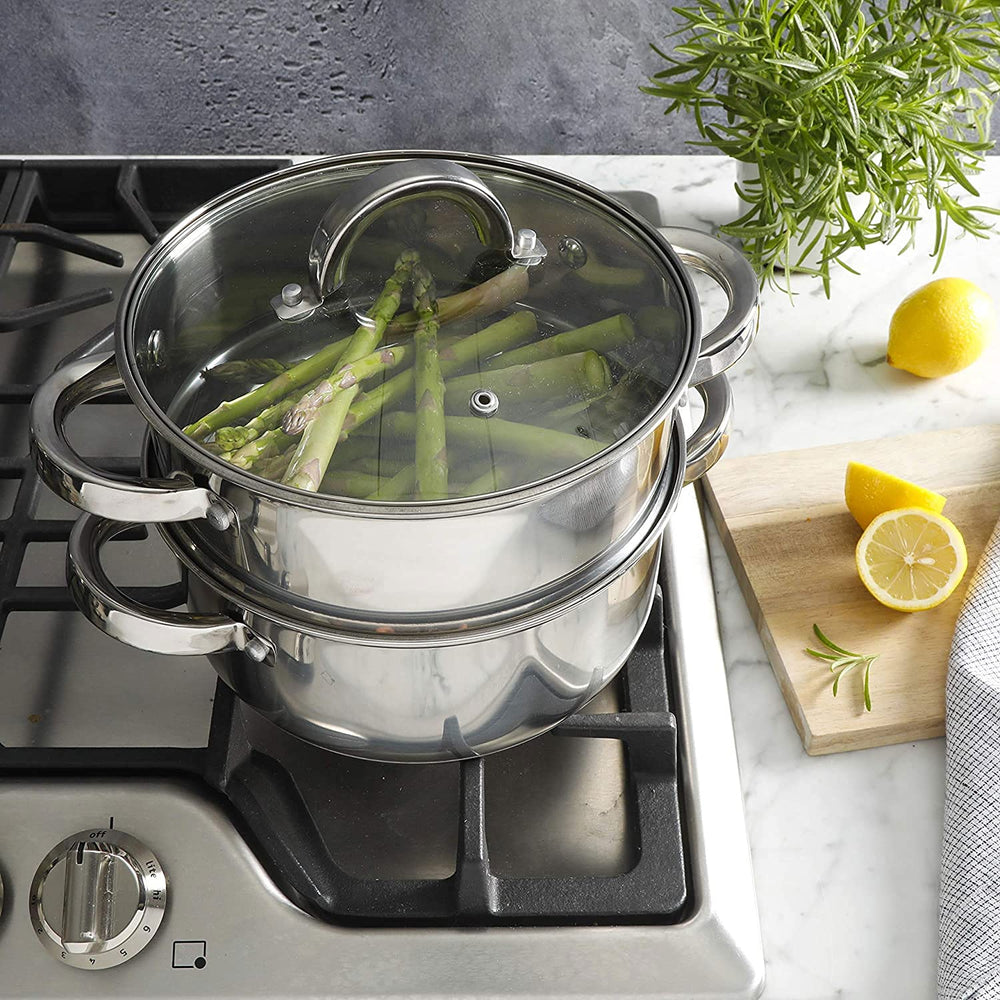 Oster Sangerfield en fogón con vapor visible para cocinar verduras y arroz simultáneamente