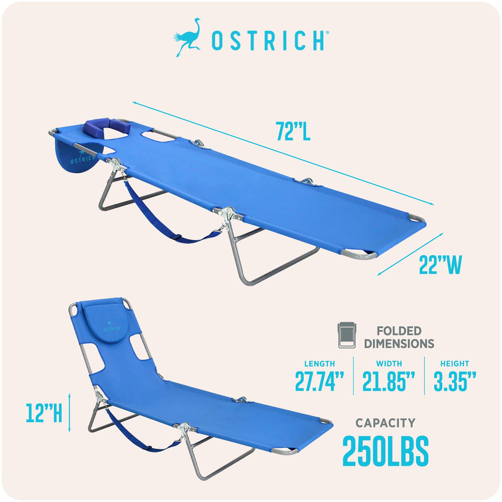 Ostrich chaise detalle de la etiqueta mostrando materiales duraderos y capacidad