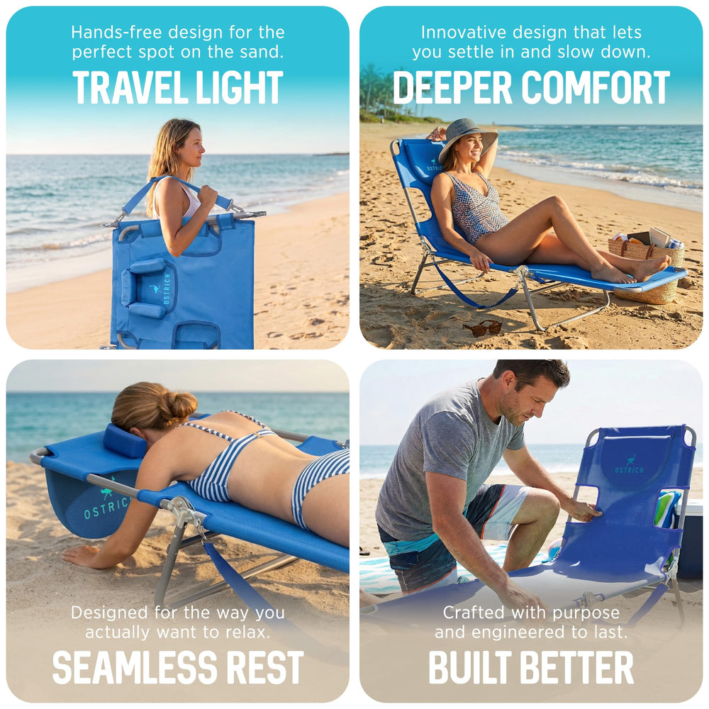 Ostrich chaise en uso en playa, relax estable sobre arena y sol