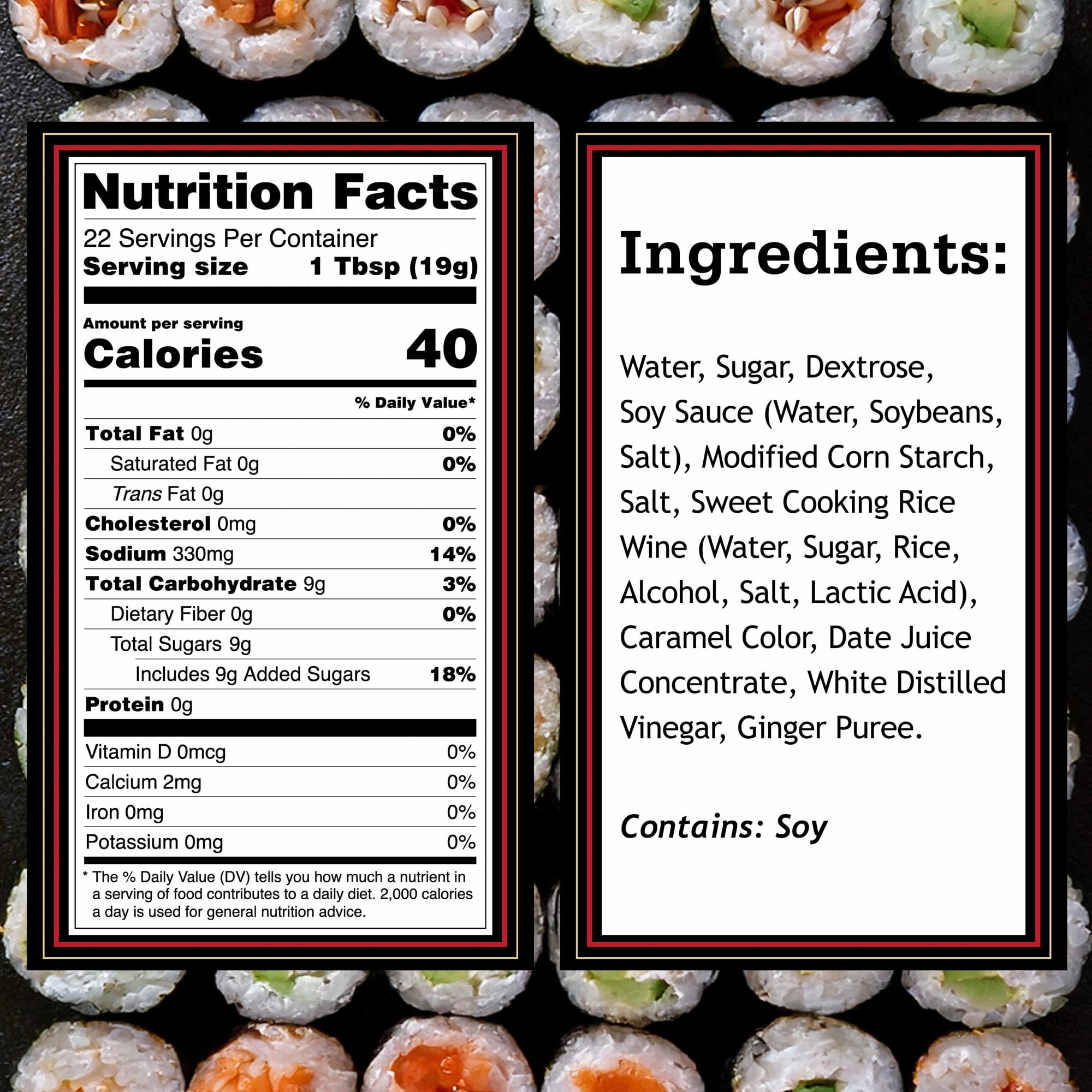 Salsa Otafuku siendo vertida sobre sushi, realza sabor y aspecto brillante
