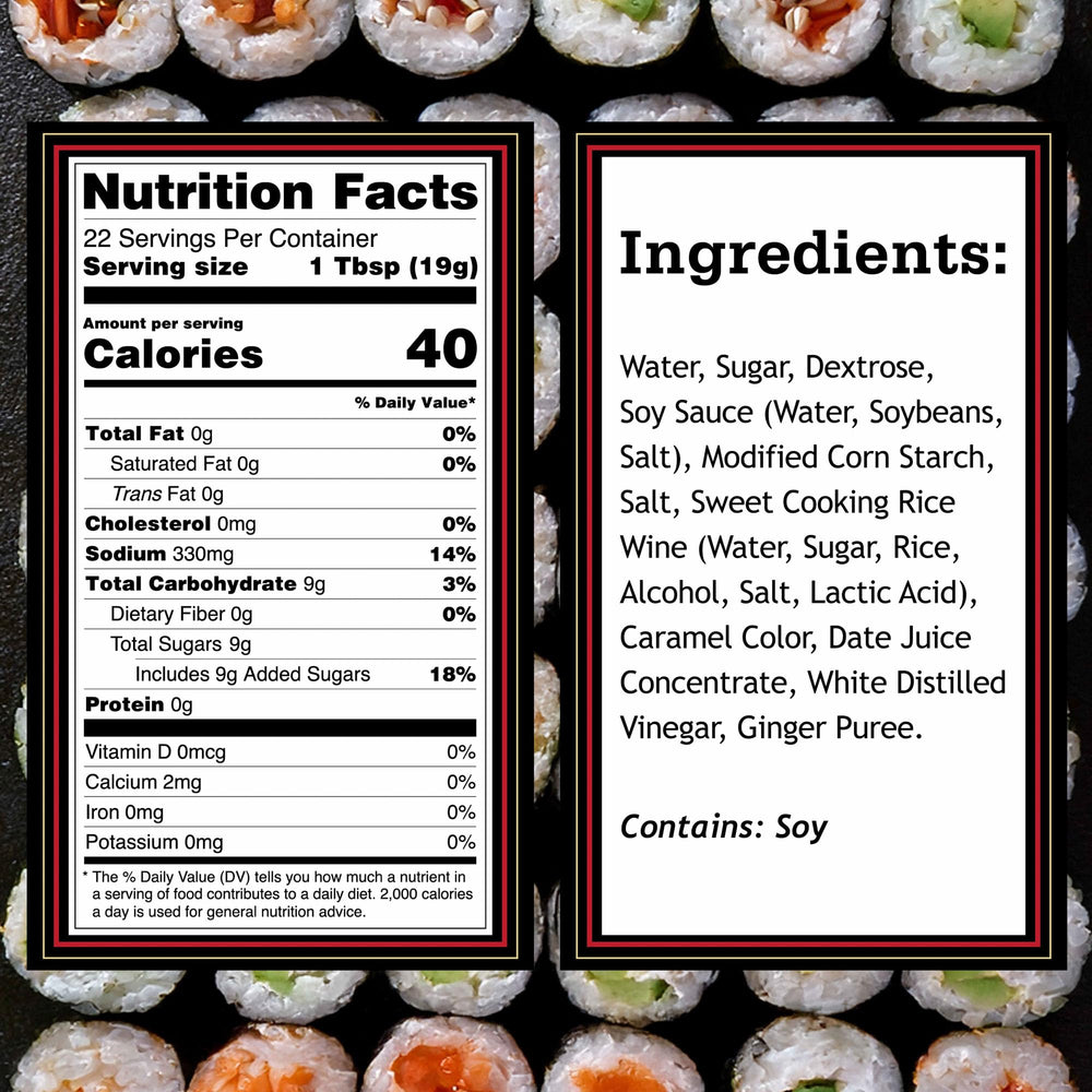 Salsa Otafuku siendo vertida sobre sushi, realza sabor y aspecto brillante