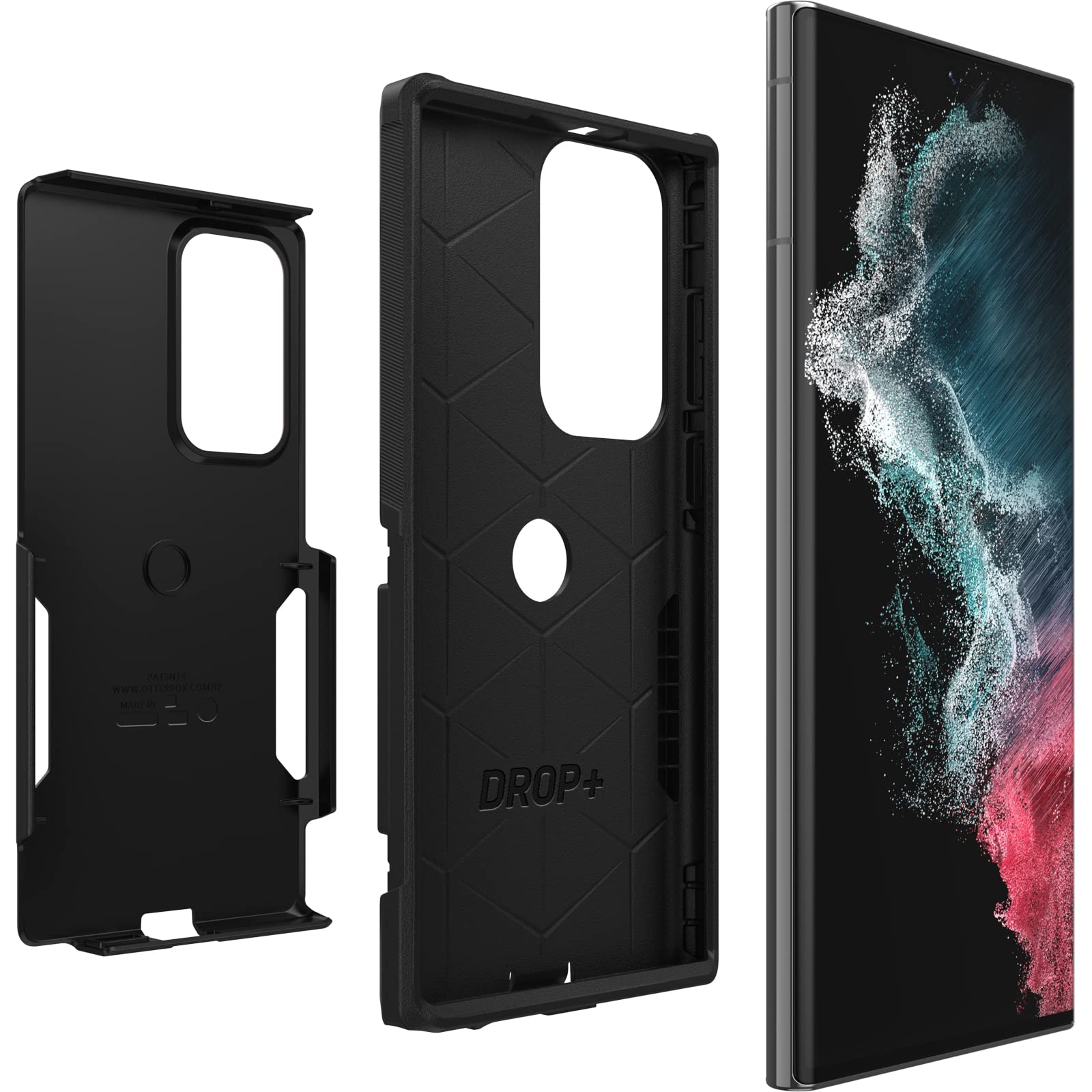 OtterBox comparación de tamaño junto al Galaxy S22 Ultra para referencia