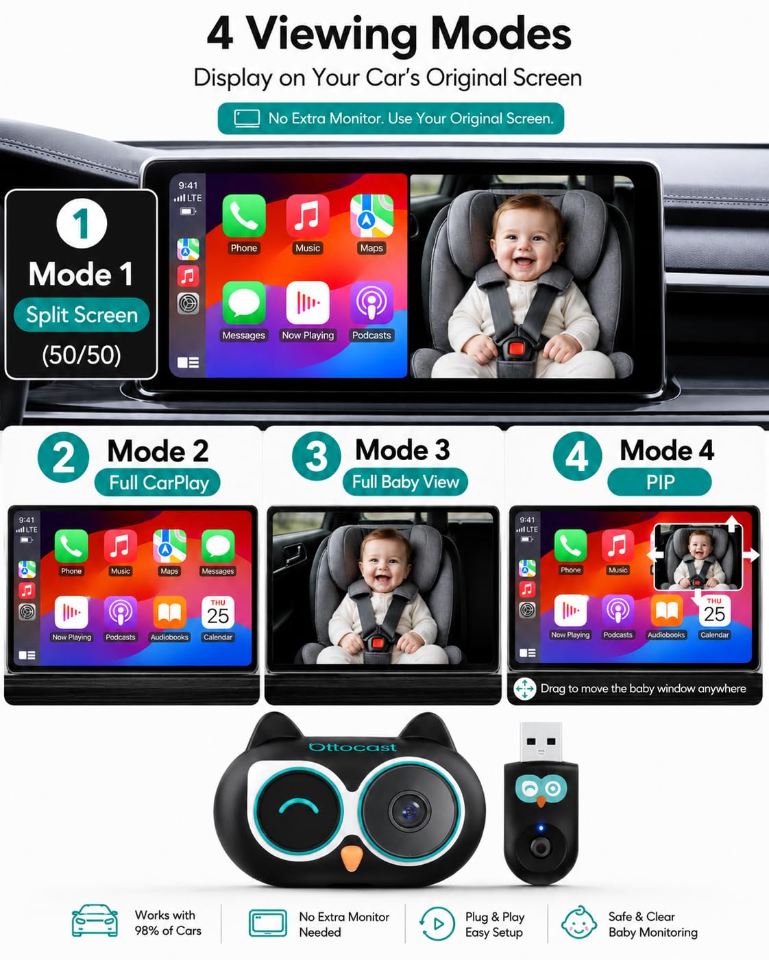 OTTOCAST imagen en pantalla del coche con PIP para supervisar y navegar