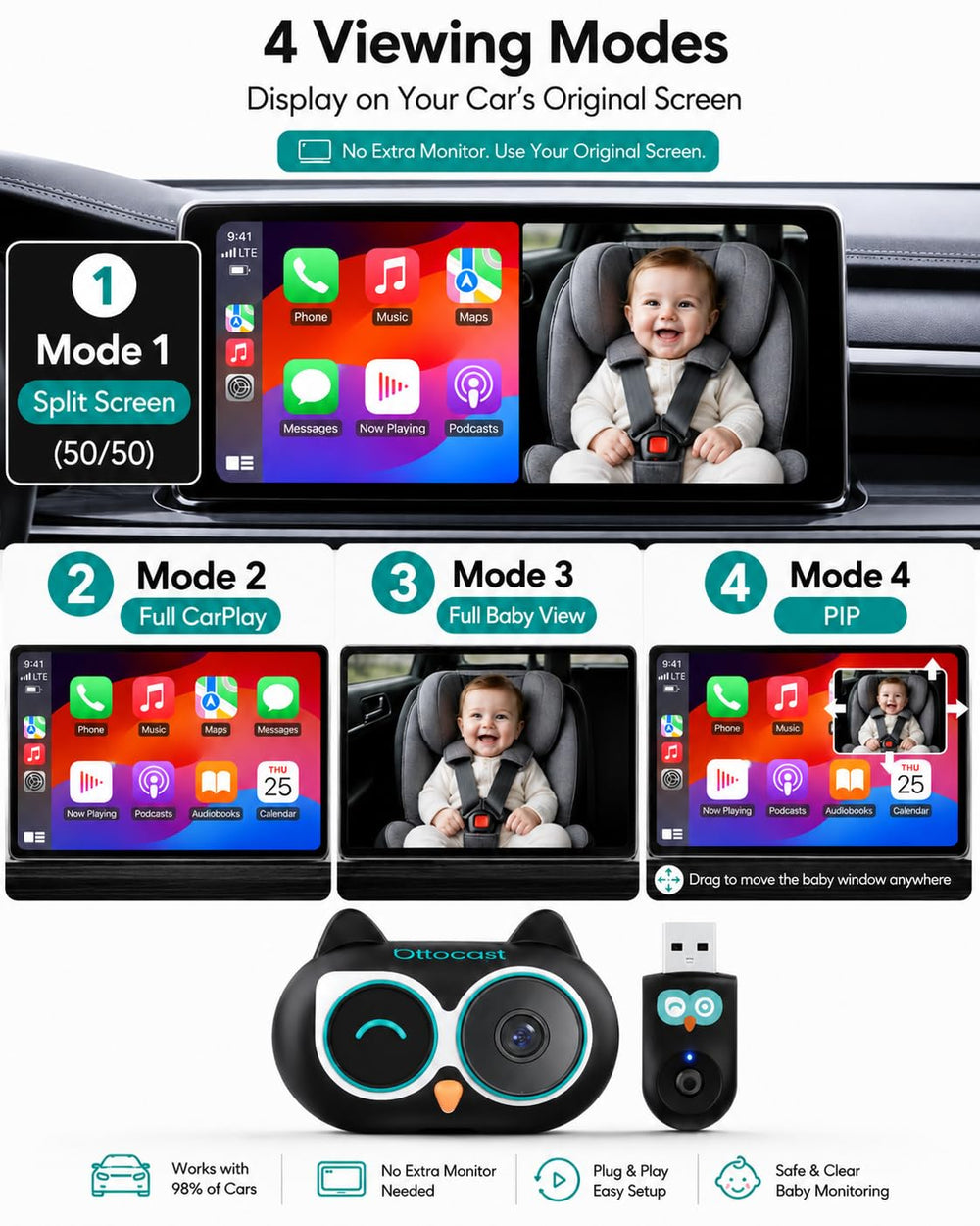 OTTOCAST imagen en pantalla del coche con PIP para supervisar y navegar