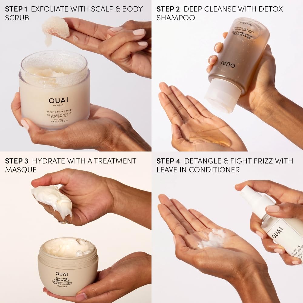 OUAI champú detox comparación de tamaño con teléfono para escala