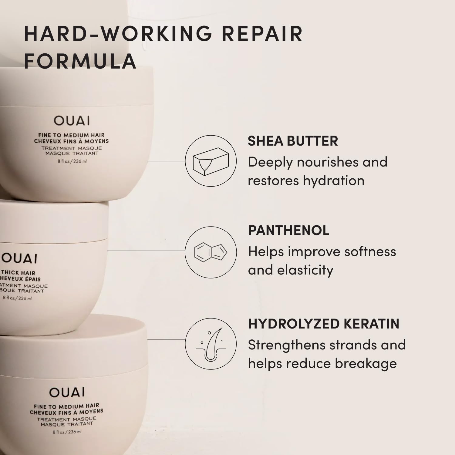 OUAI producto repartido en mechón húmedo para mostrar cobertura y absorción rápida