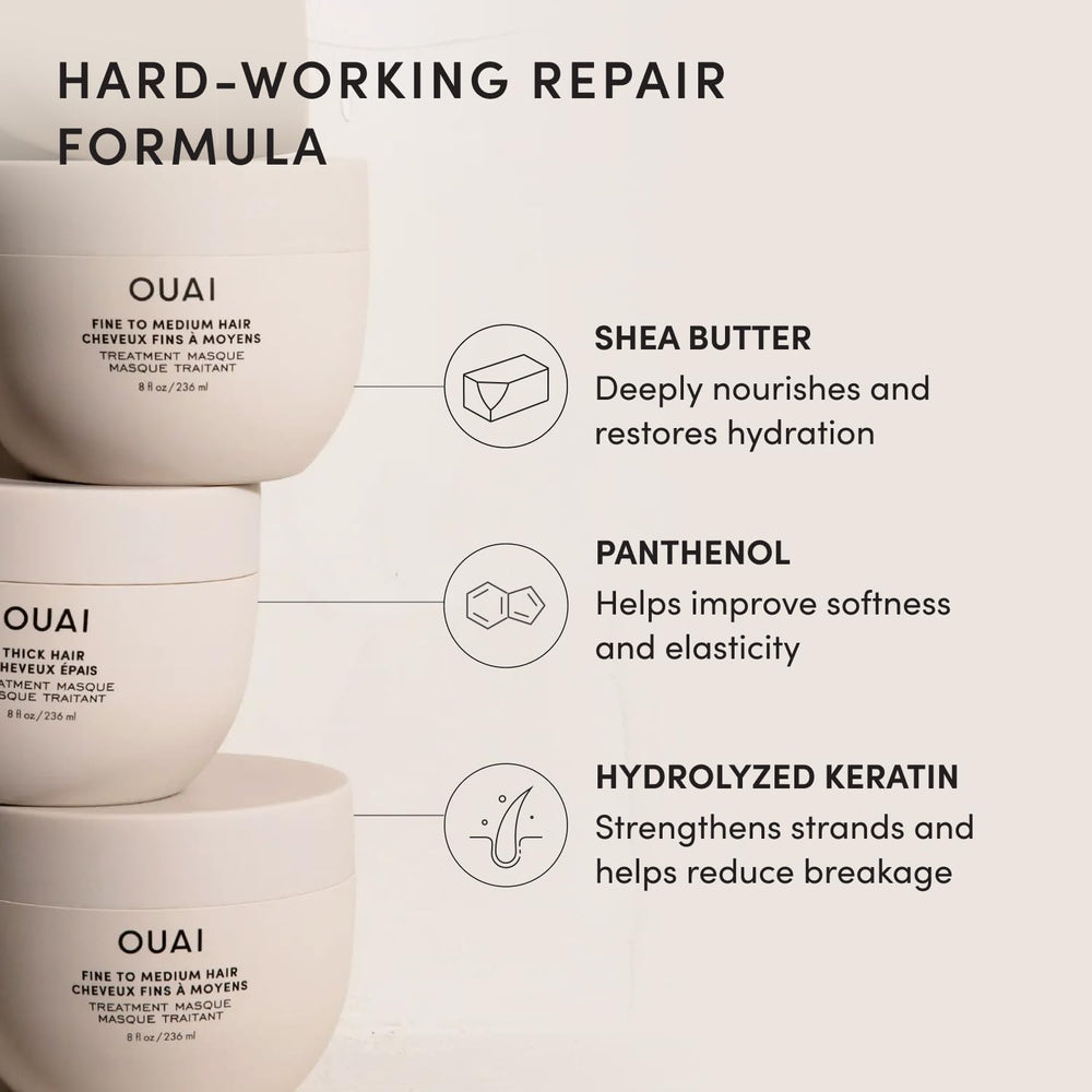 OUAI producto repartido en mechón húmedo para mostrar cobertura y absorción rápida