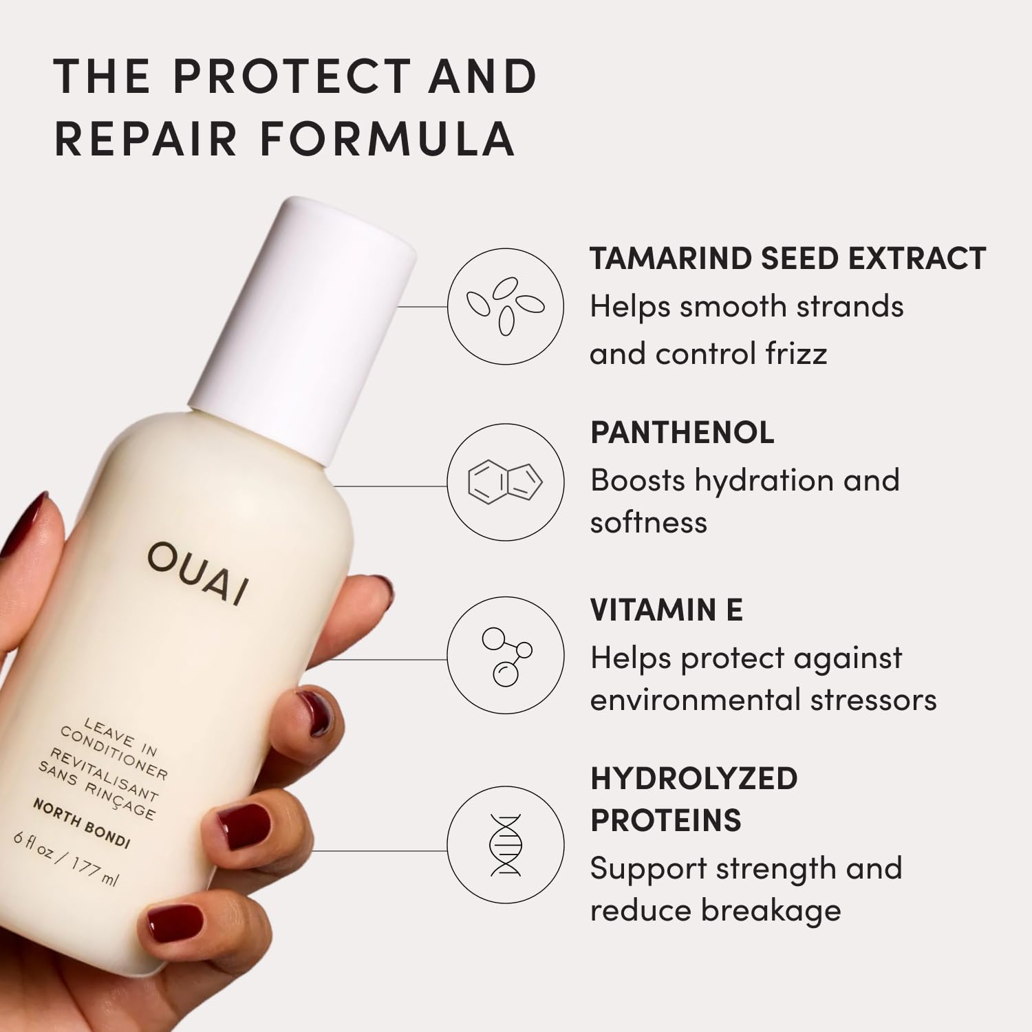 OUAI envase junto a otros productos para una rutina completa y ordenada
