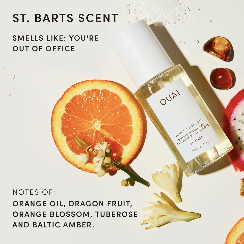OUAI etiqueta St. Barts en primer plano indicando notas tropicales y limpieza