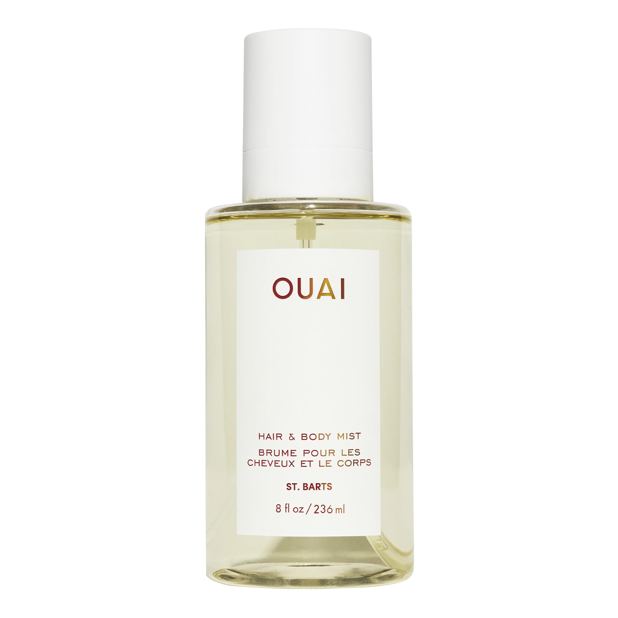 OUAI envase frontal de St. Barts mostrando diseño y beneficio de traslado vacacional
