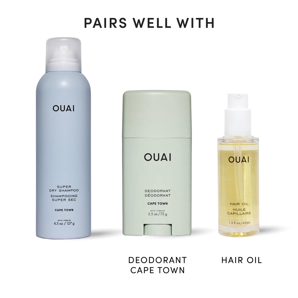OUAI champú seco antes y después en cabello oscuro mostrando sin residuos