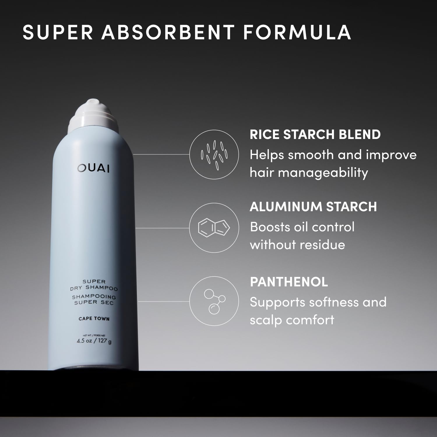 OUAI champú seco en maleta listo para viajar y mantener el cabello fresco