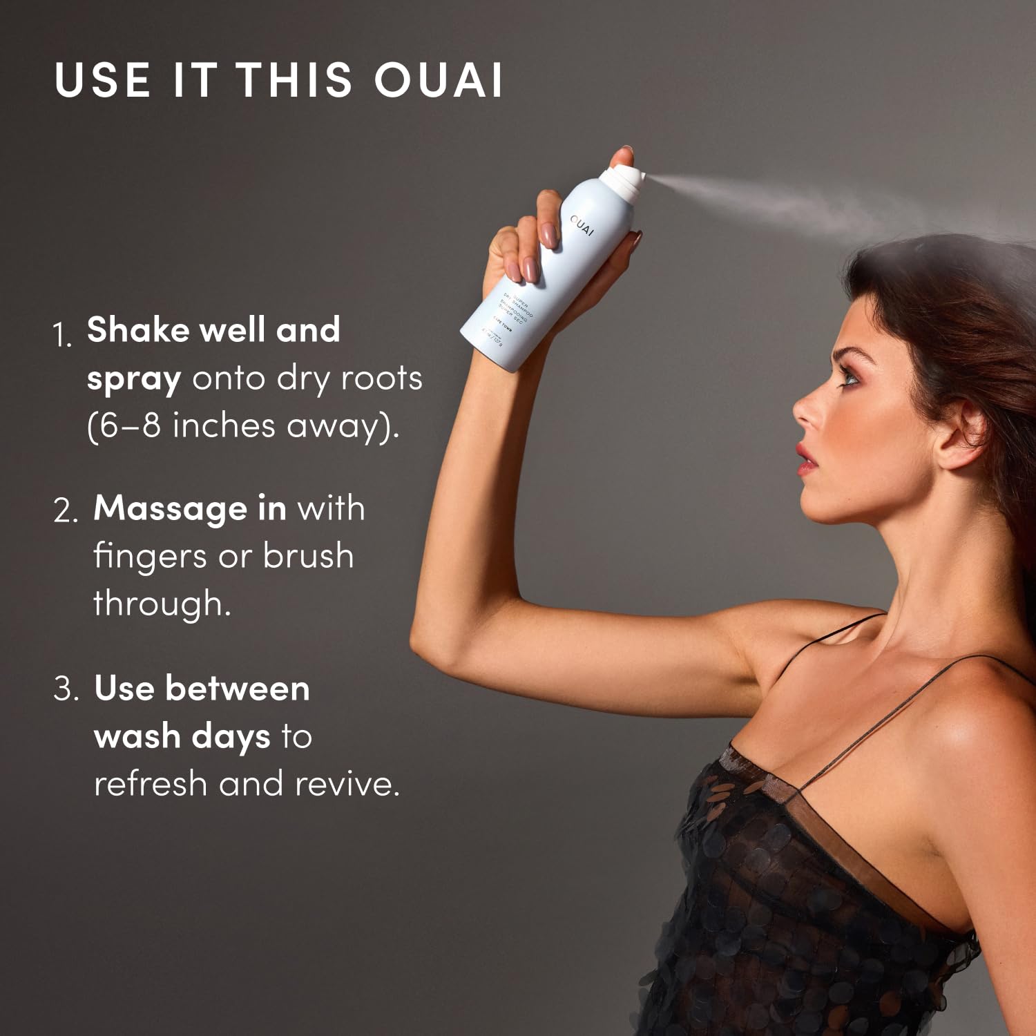 OUAI champú seco etiqueta y boquilla resaltando ingredientes mejorados