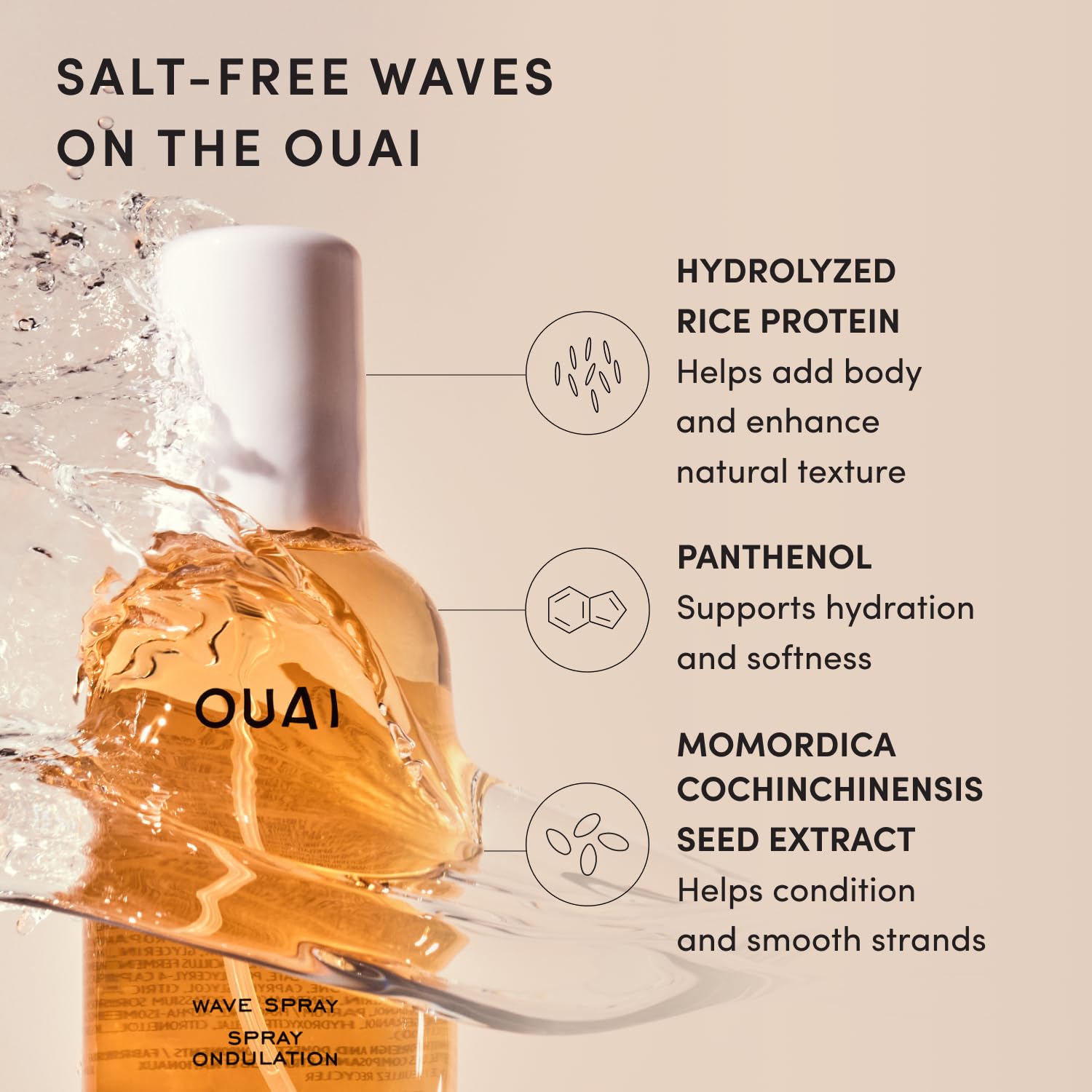OUAI Wave Spray comparado con objetos para mostrar su tamaño práctico
