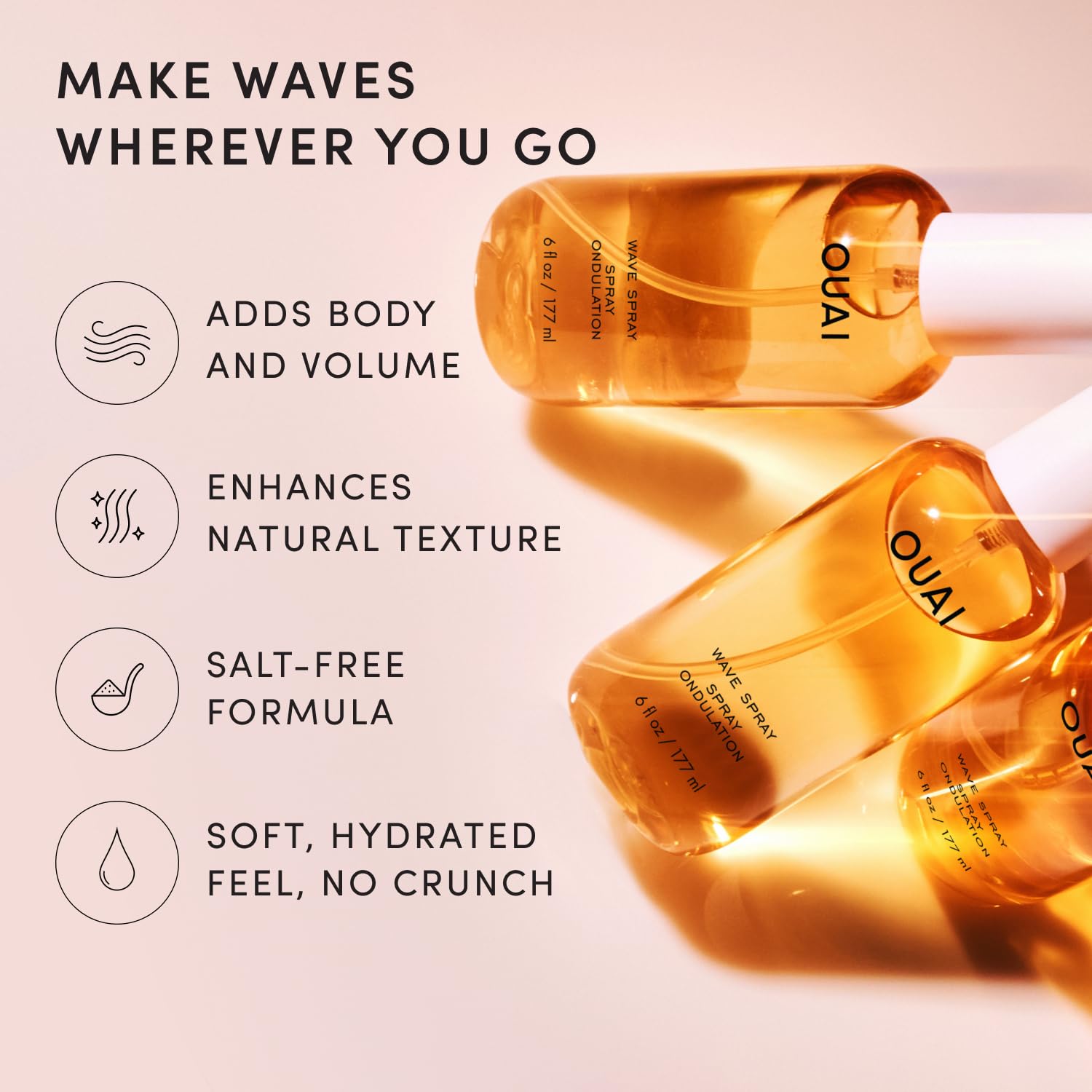 OUAI Wave Spray en uso sobre cabello secándose para crear ondas rápidas