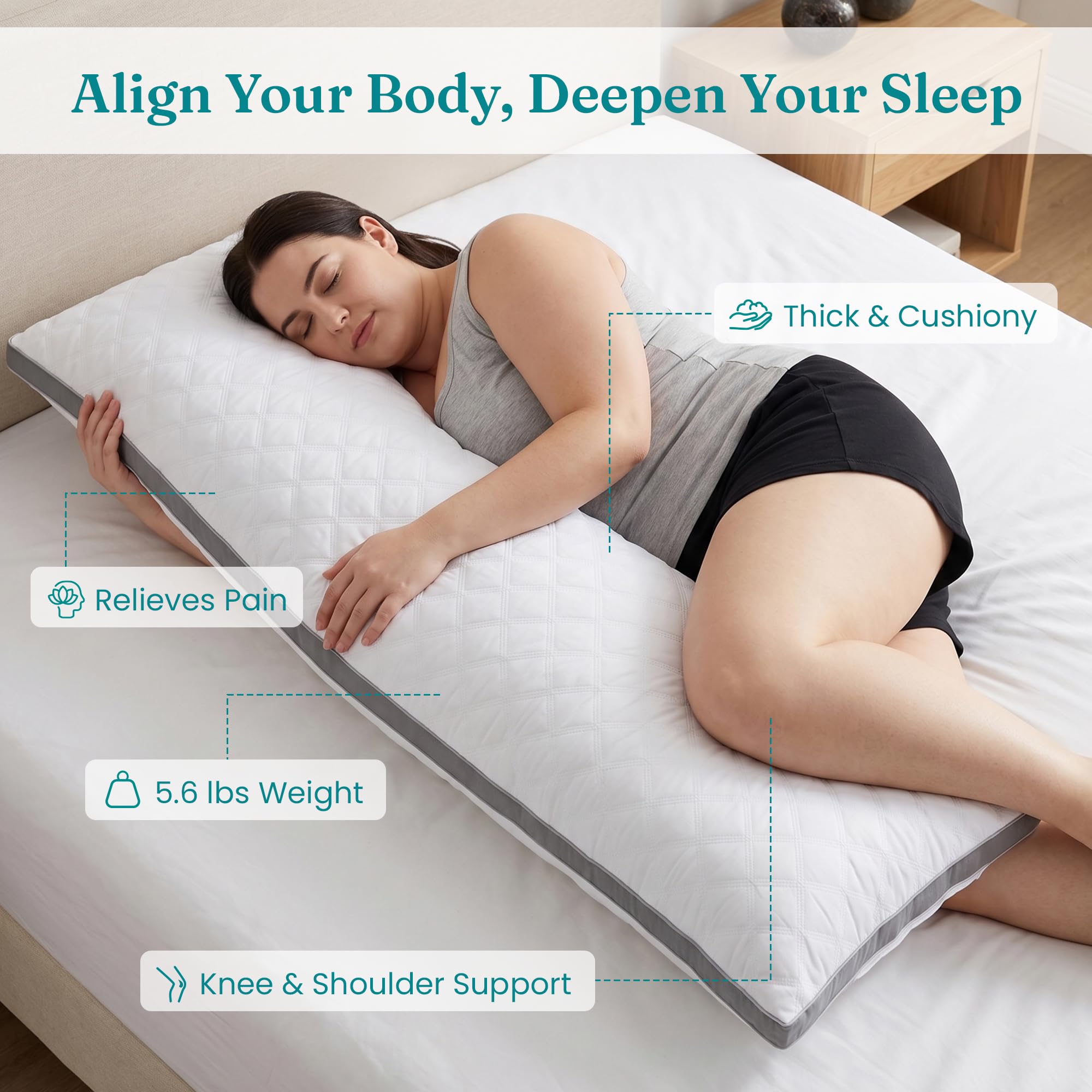 Oubonun almohada en cama con persona durmiendo de lado, mejora alineación corporal