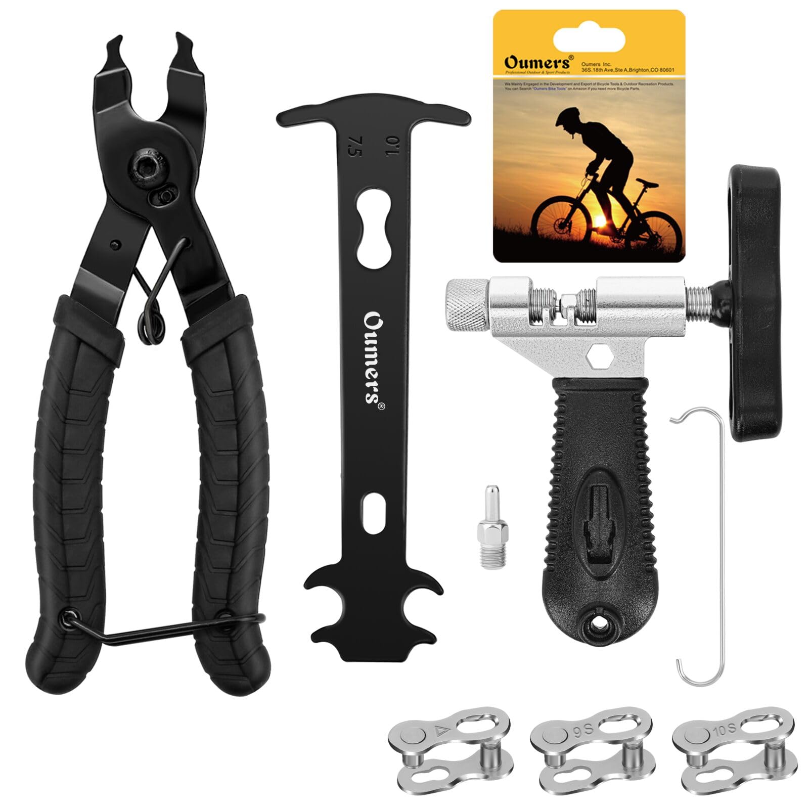 Oumers vista frontal del kit compacto para reparar cadenas, ideal para rutas