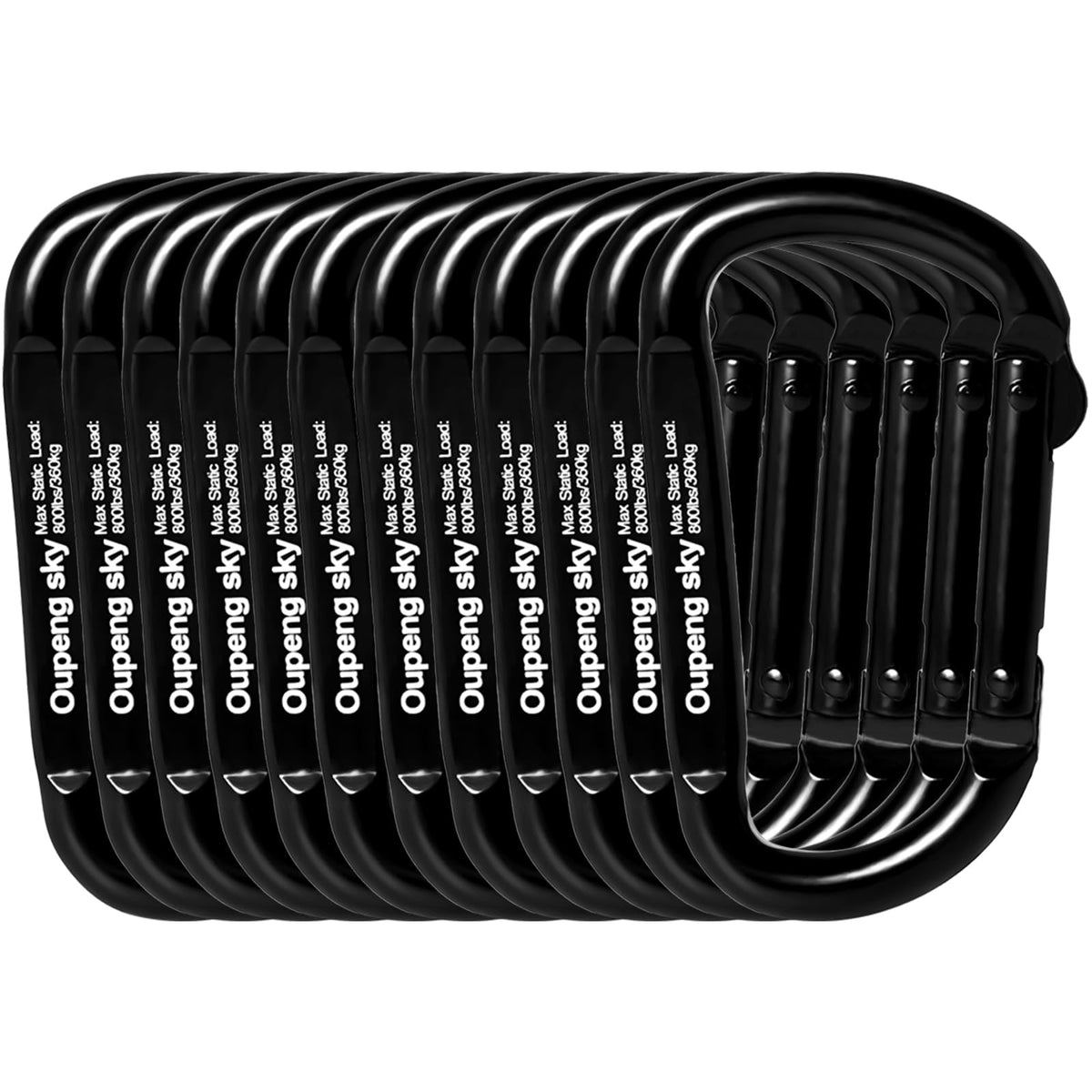 Oupeng sky frontal pack mostrando 12 mosquetones negros y compactos, organización inmediata