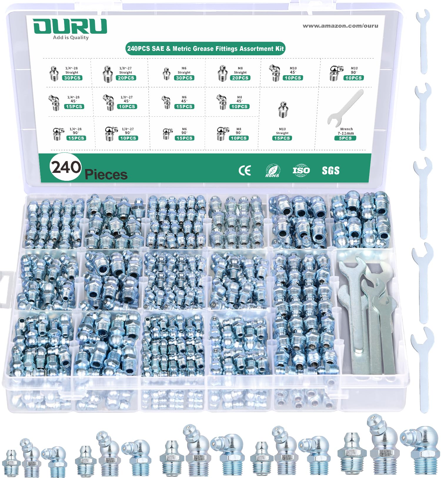 OURU estuche abierto mostrando 240 racores organizado y fácil acceso
