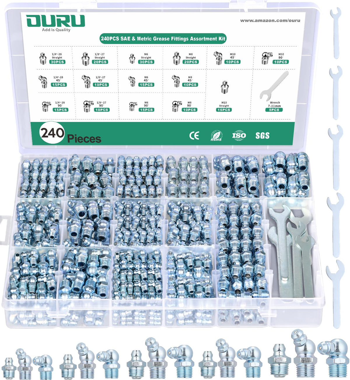 OURU estuche abierto mostrando 240 racores organizado y fácil acceso