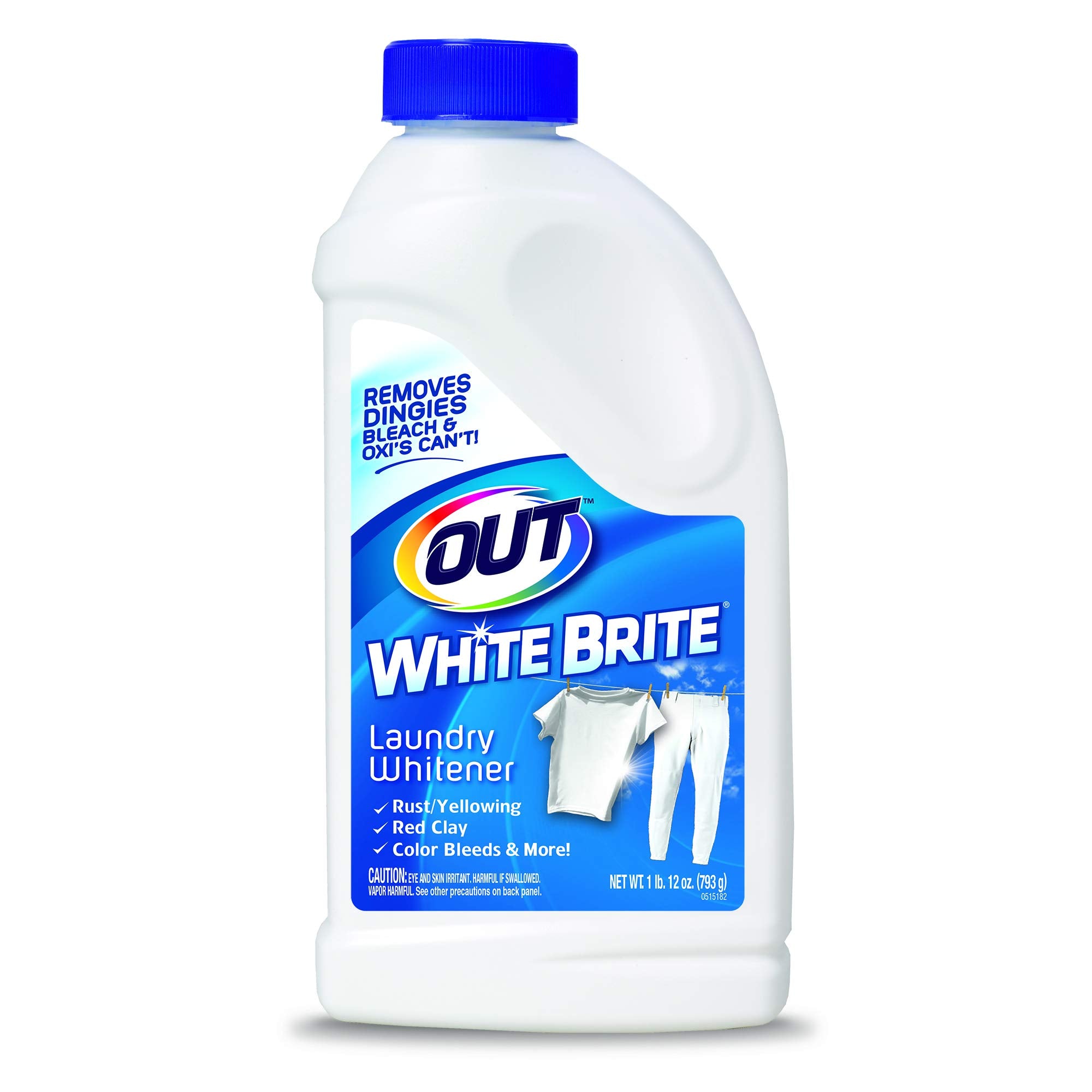 OUT White Brite envase frontal mostrando 28 oz, aclara ropa blanca