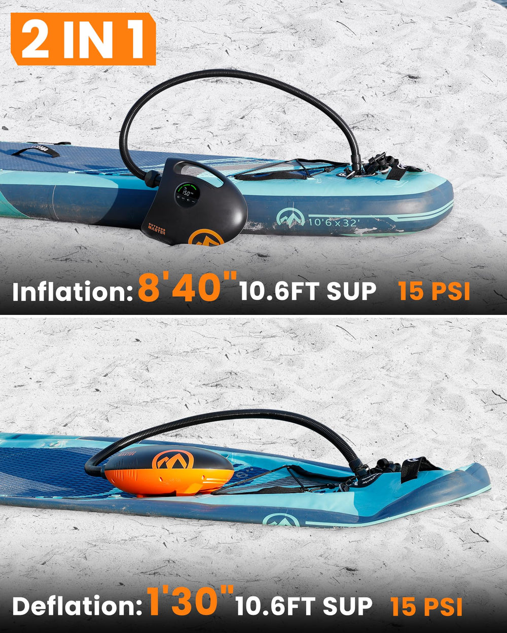 OutdoorMaster Shark 2S inflando tabla SUP en playa para montaje rápido y sin esfuerzo
