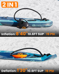 OutdoorMaster Shark 2S inflando tabla SUP en playa para montaje rápido y sin esfuerzo