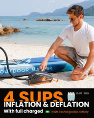 OutdoorMaster Shark 3 inflando un SUP en la playa, rapidez de inflado