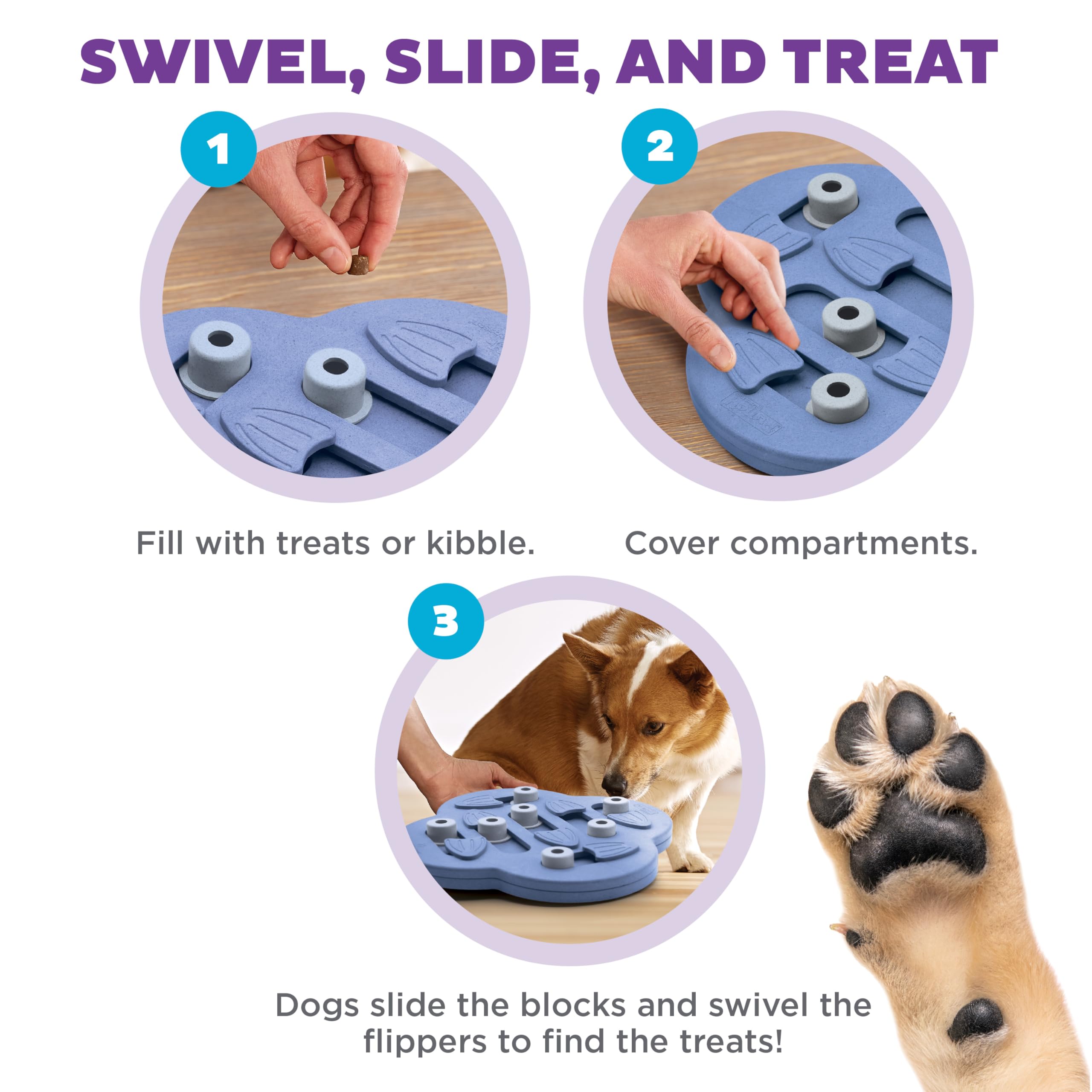 Outward Hound perro usando el Hide N' Slide para deslizar bloques y encontrar golosinas