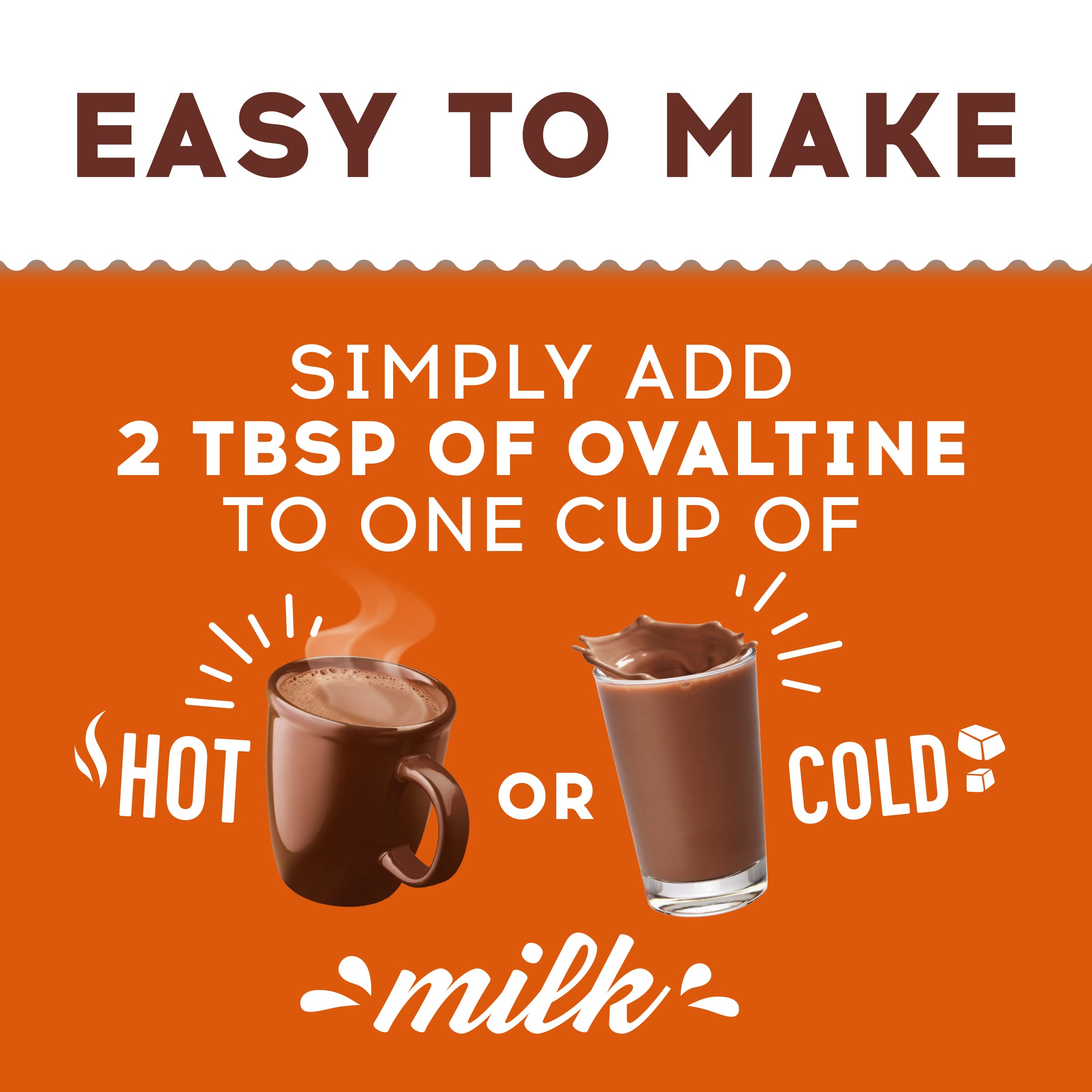 Ovaltine lata junto a mano para indicar tamaño y porción