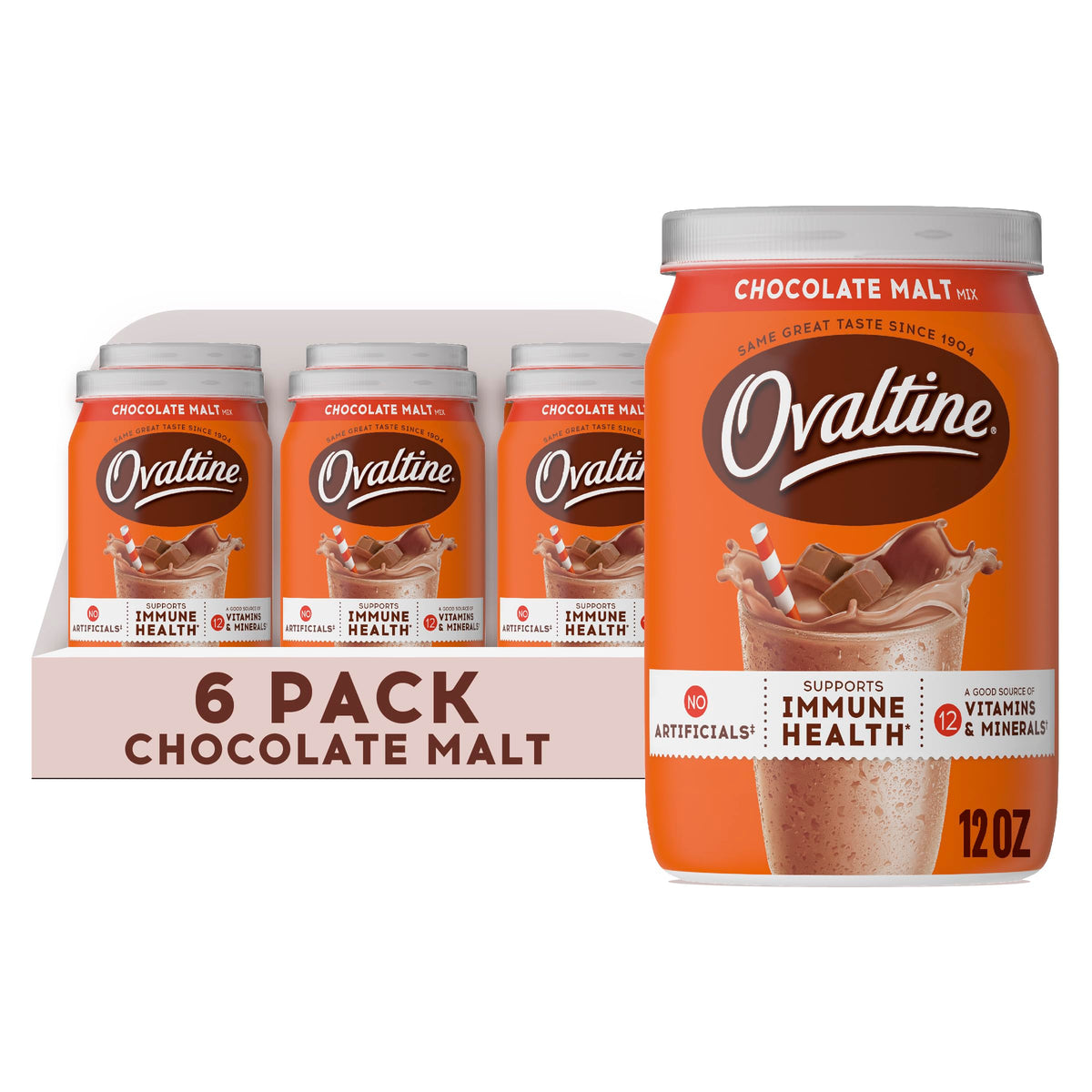 Ovaltine lata 12 oz vista frontal con diseño claro y práctico