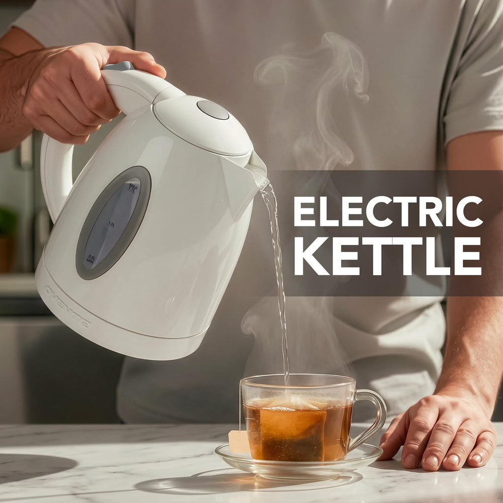 OVENTE comparación de tamaño con tazas para visualizar la capacidad de 1.7 L