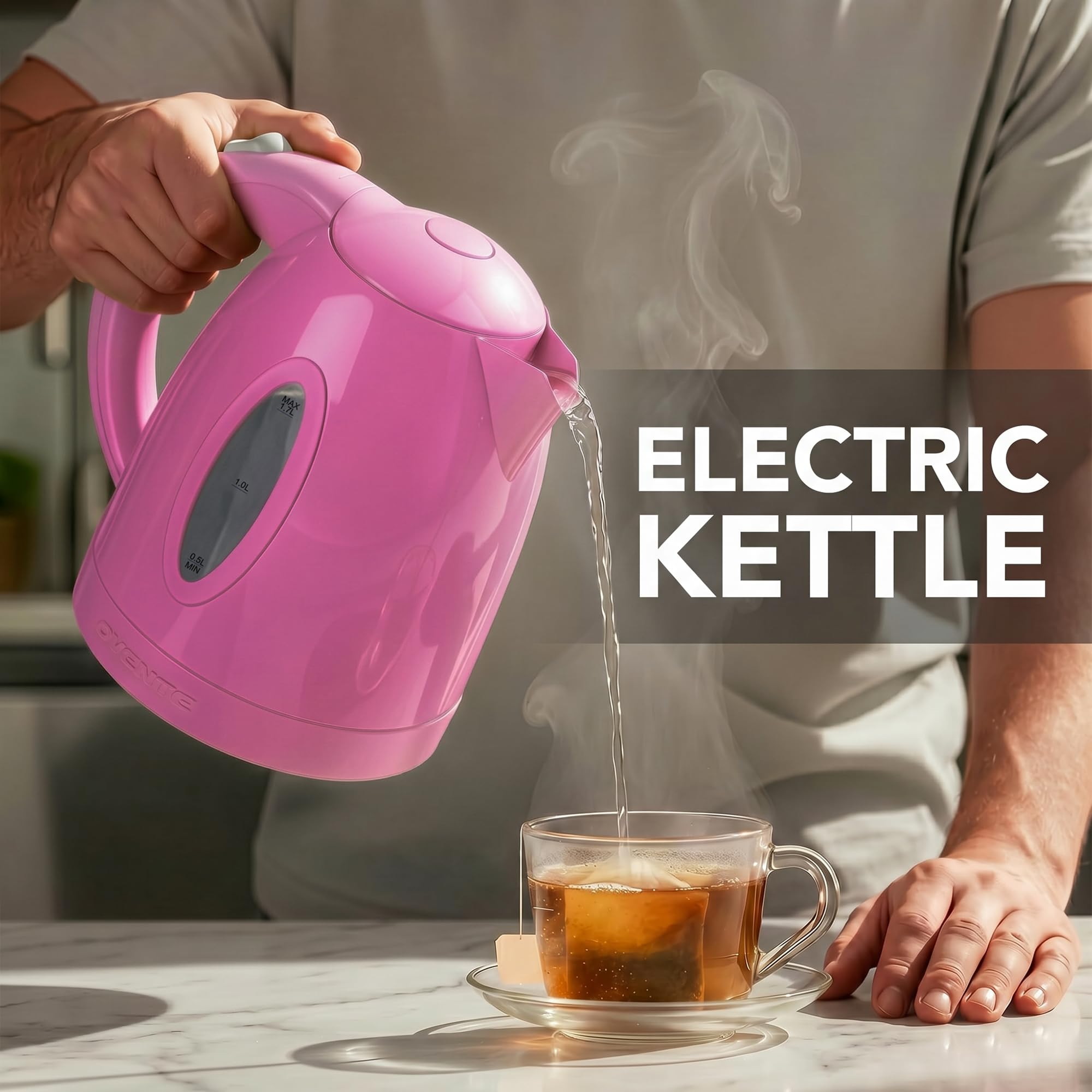 OVENTE KP72P comparación de tamaño con tazas para entender capacidad