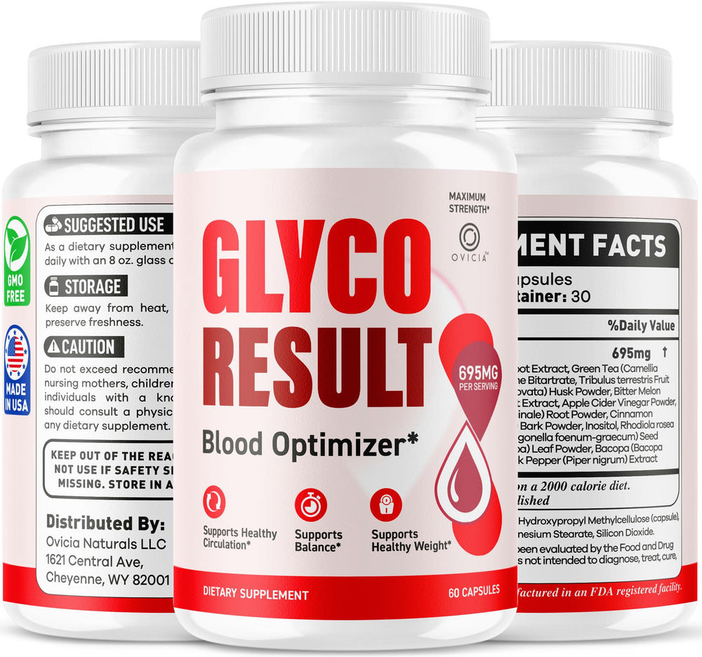 OVICIA Glyco Result embalaje con sello GMP mostrando control de calidad
