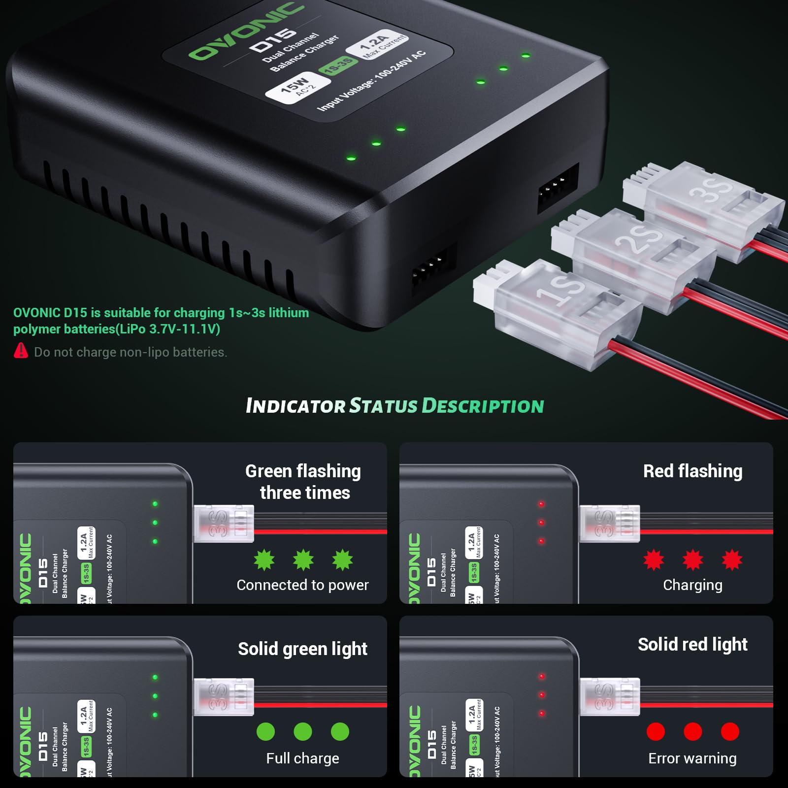 OVONIC D15 conector balance en primer plano indicando compatibilidad segura de celdas
