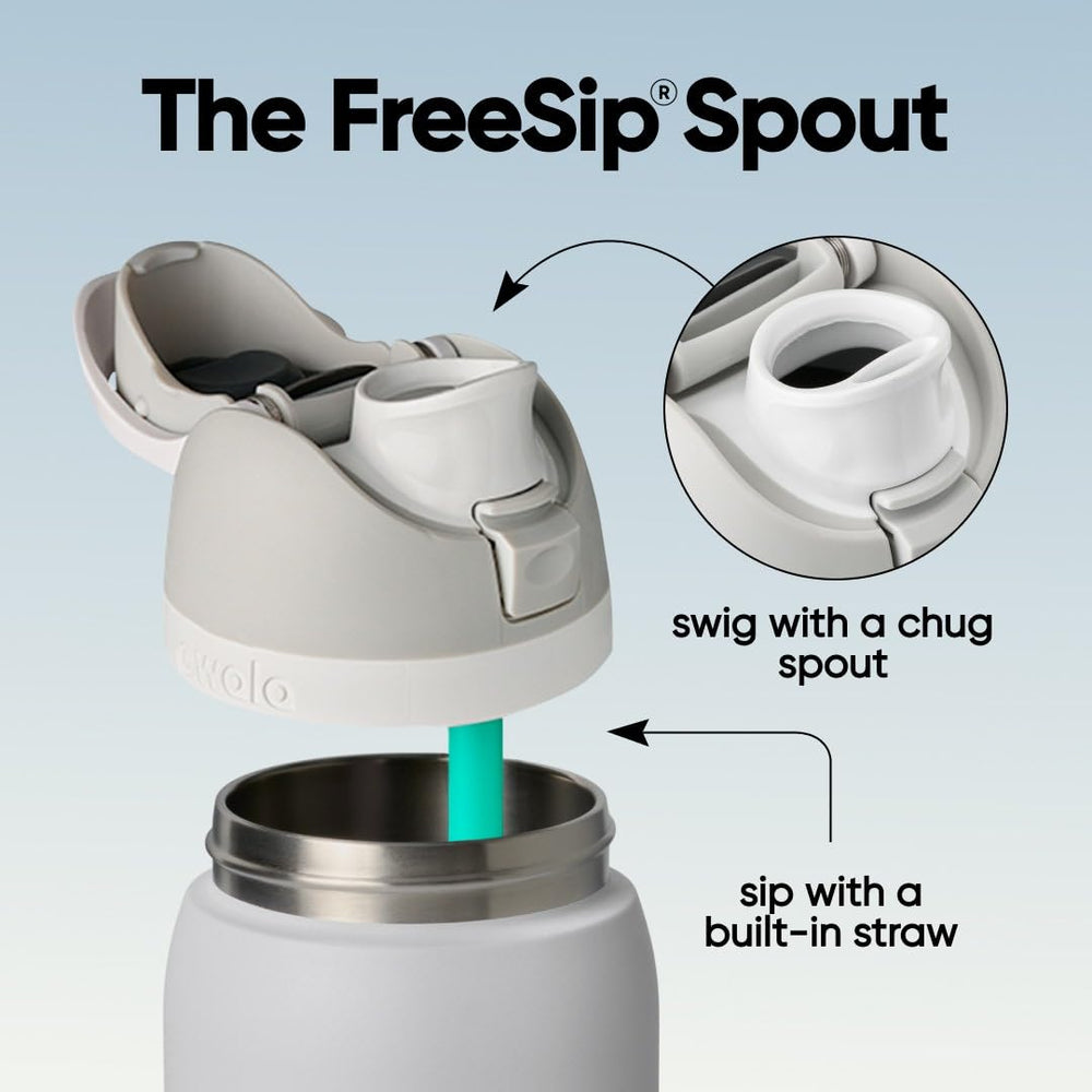 Owala FreeSip primer plano de la boquilla FreeSip mostrando el sorbete integrado y limpieza sencilla