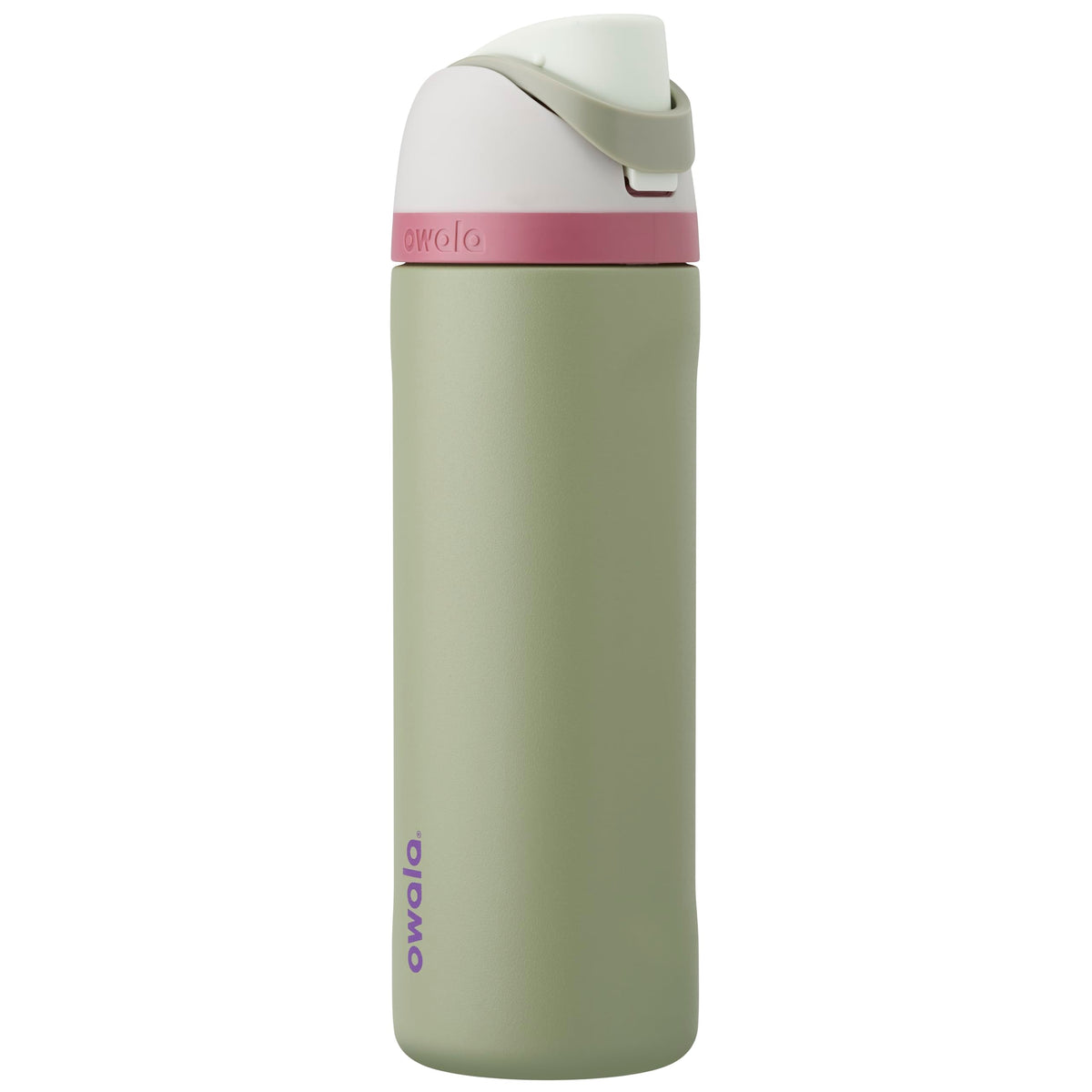 Owala botella FreeSip vista frontal en Neo Sage, fácil identificación y diseño