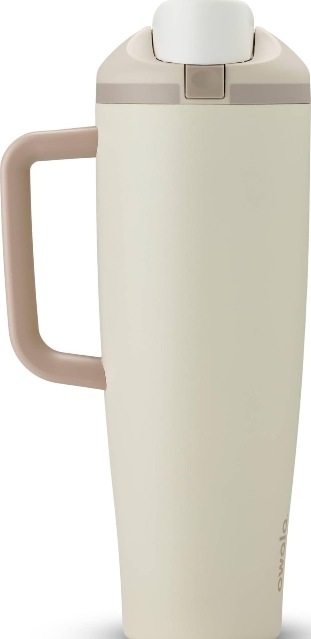 Owala botella FreeSip frente Tan mostrando diseño y capacidad