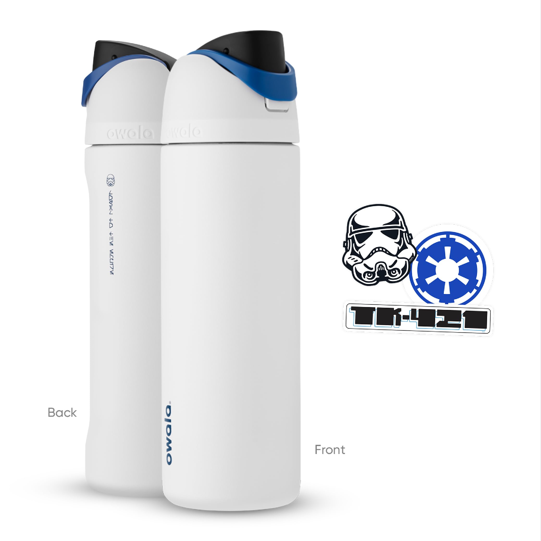 Owala FreeSip Stormtrooper comparación de tamaño mostrando capacidad de 24 oz