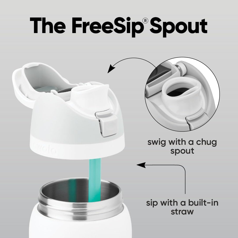 Owala FreeSip detalle de la tapa push-button mostrando apertura segura