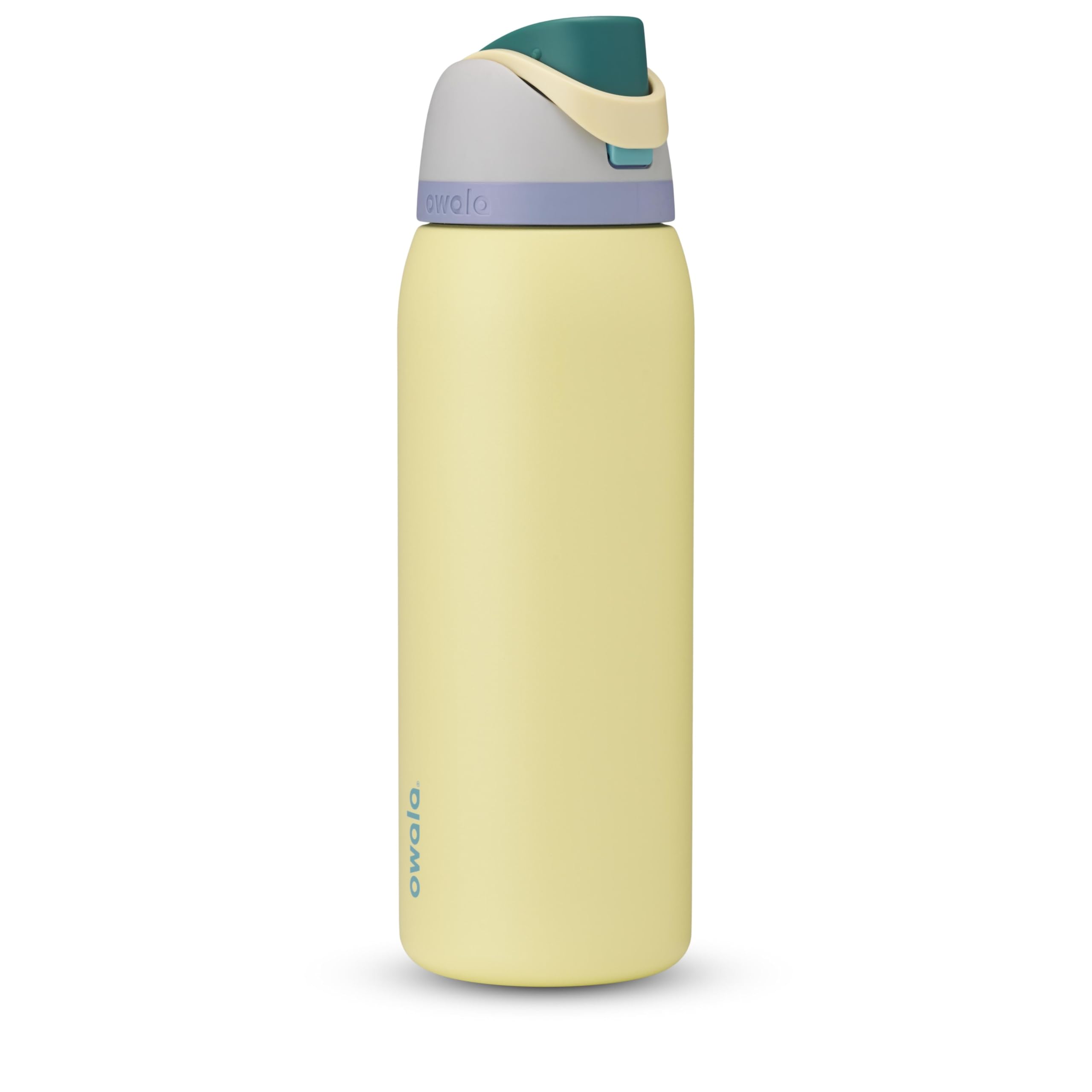 Owala FreeSip vista frontal botella gris amarillo, diseño y capacidad 40 oz