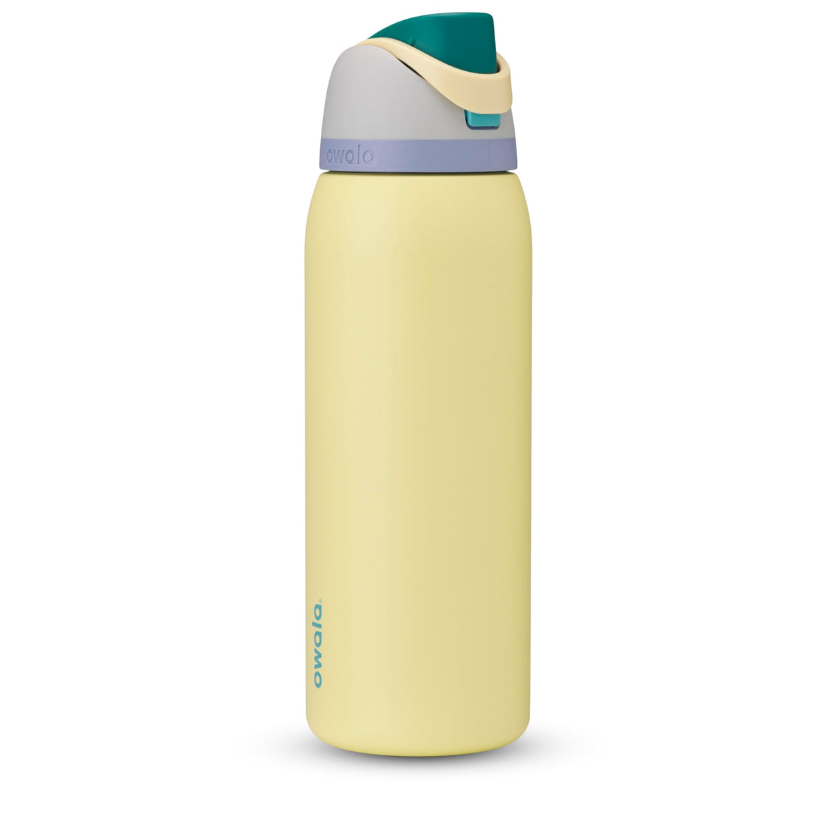 Owala FreeSip vista frontal botella gris amarillo, diseño y capacidad 40 oz