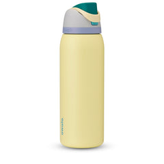 Owala FreeSip vista frontal botella gris amarillo, diseño y capacidad 40 oz