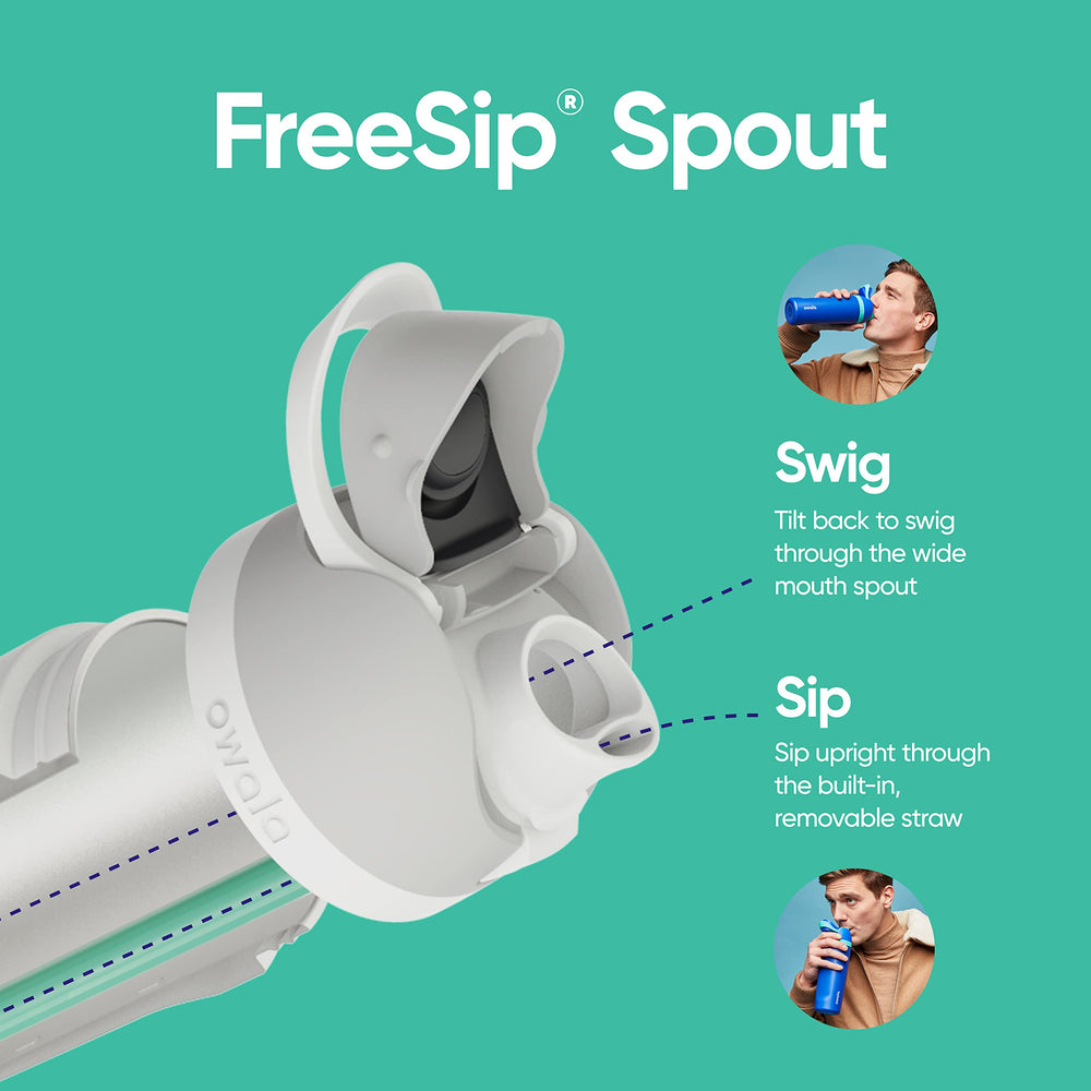 Owala FreeSip lid detail with push-button and locking loop, demonstrating secure closure benefit